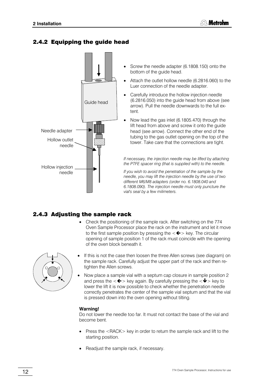 2 equipping the guide head, 3 adjusting the sample rack | Metrohm 774 Oven Sample Processor User Manual | Page 18 / 168