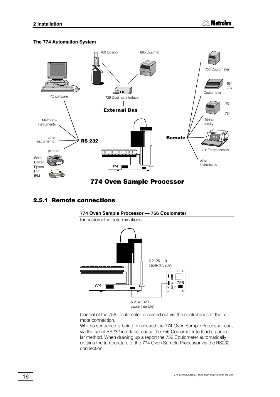 1 remote connections, 774 oven sample processor | Metrohm 774 Oven Sample Processor User Manual | Page 22 / 168