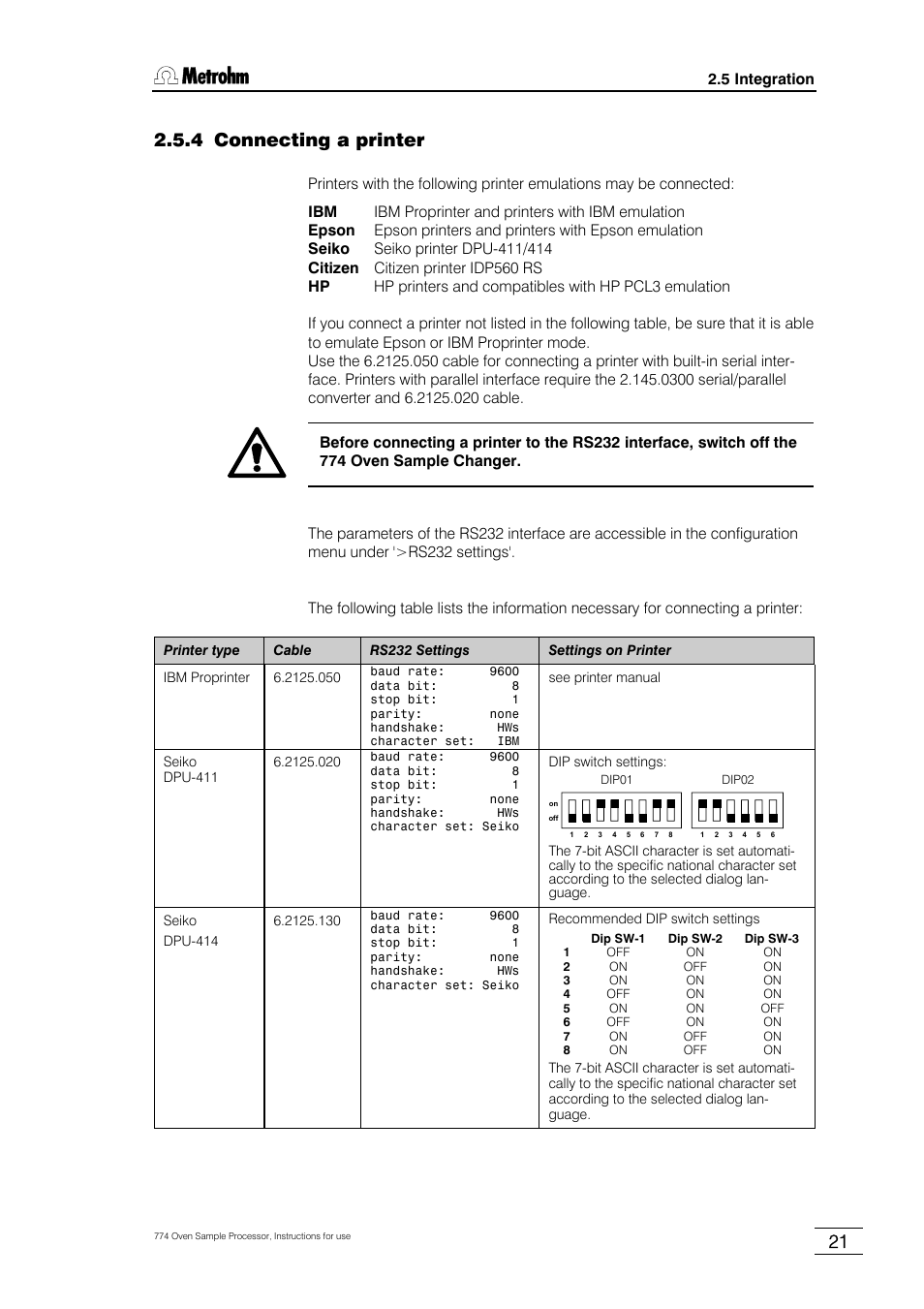 4 connecting a printer, 5 integration | Metrohm 774 Oven Sample Processor User Manual | Page 27 / 168