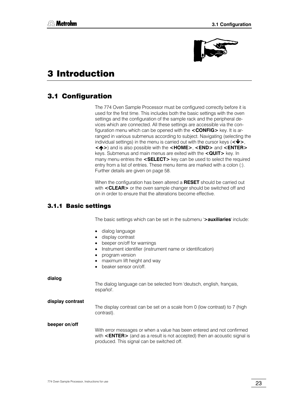 3 introduction, 1 configuration, 1 basic settings | Metrohm 774 Oven Sample Processor User Manual | Page 29 / 168