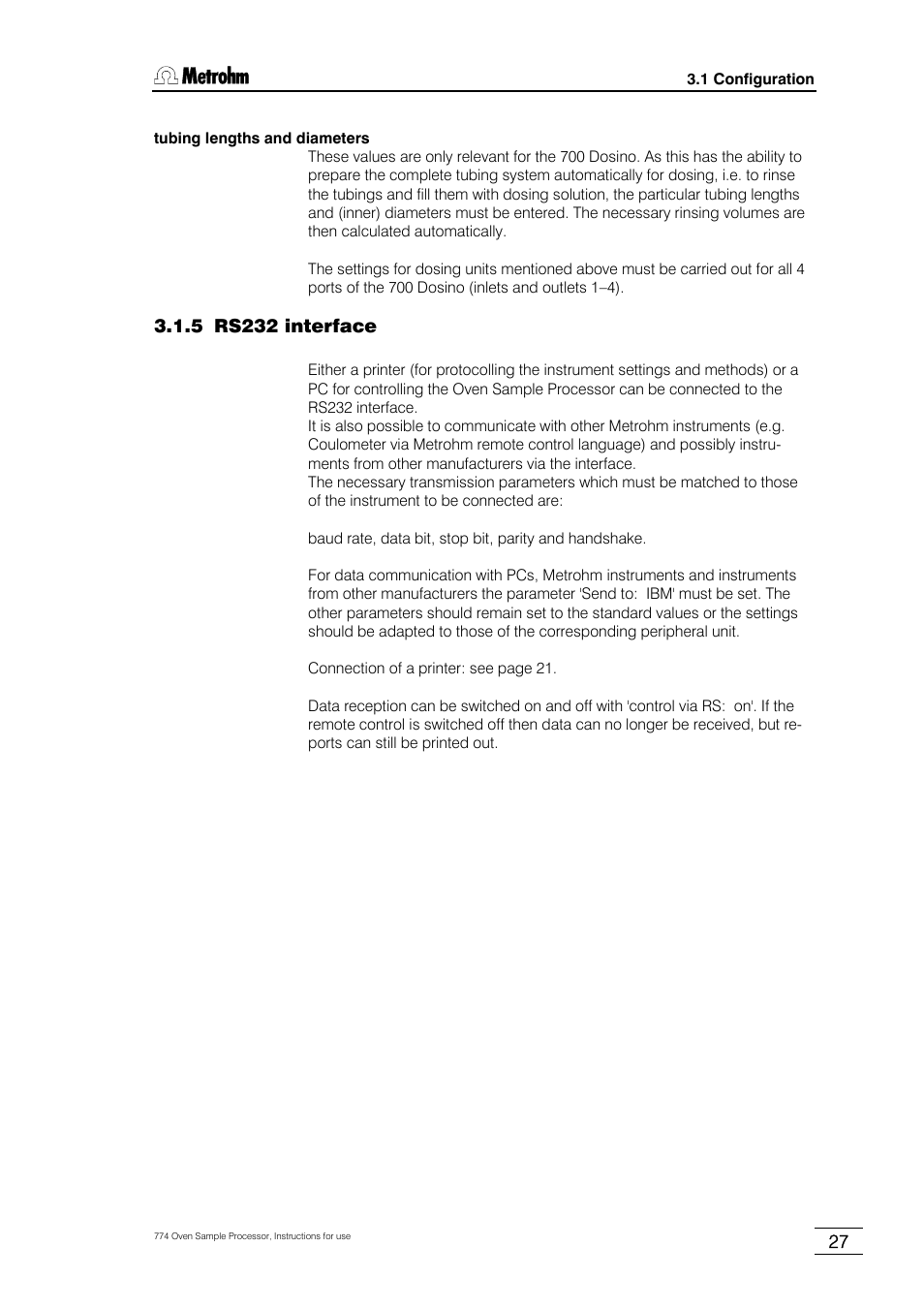 5 rs232 interface | Metrohm 774 Oven Sample Processor User Manual | Page 33 / 168