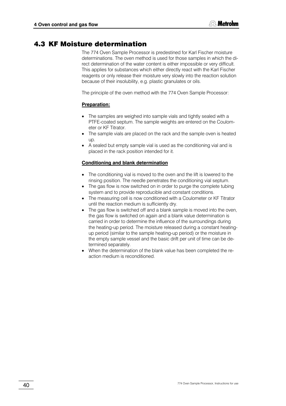3 kf moisture determination | Metrohm 774 Oven Sample Processor User Manual | Page 46 / 168