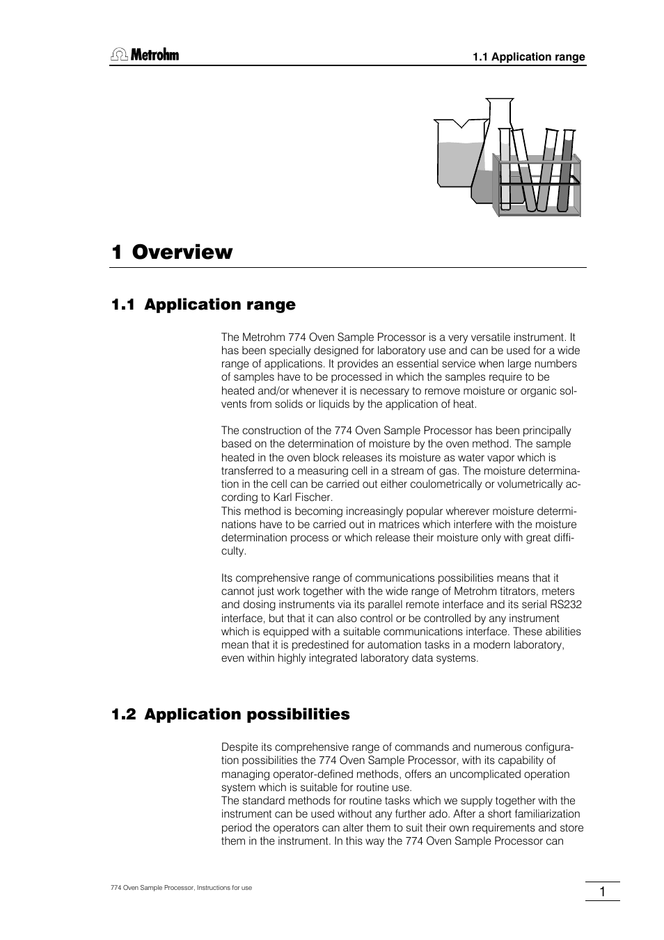 1 overview, 1 application range, 2 application possibilities | Metrohm 774 Oven Sample Processor User Manual | Page 7 / 168