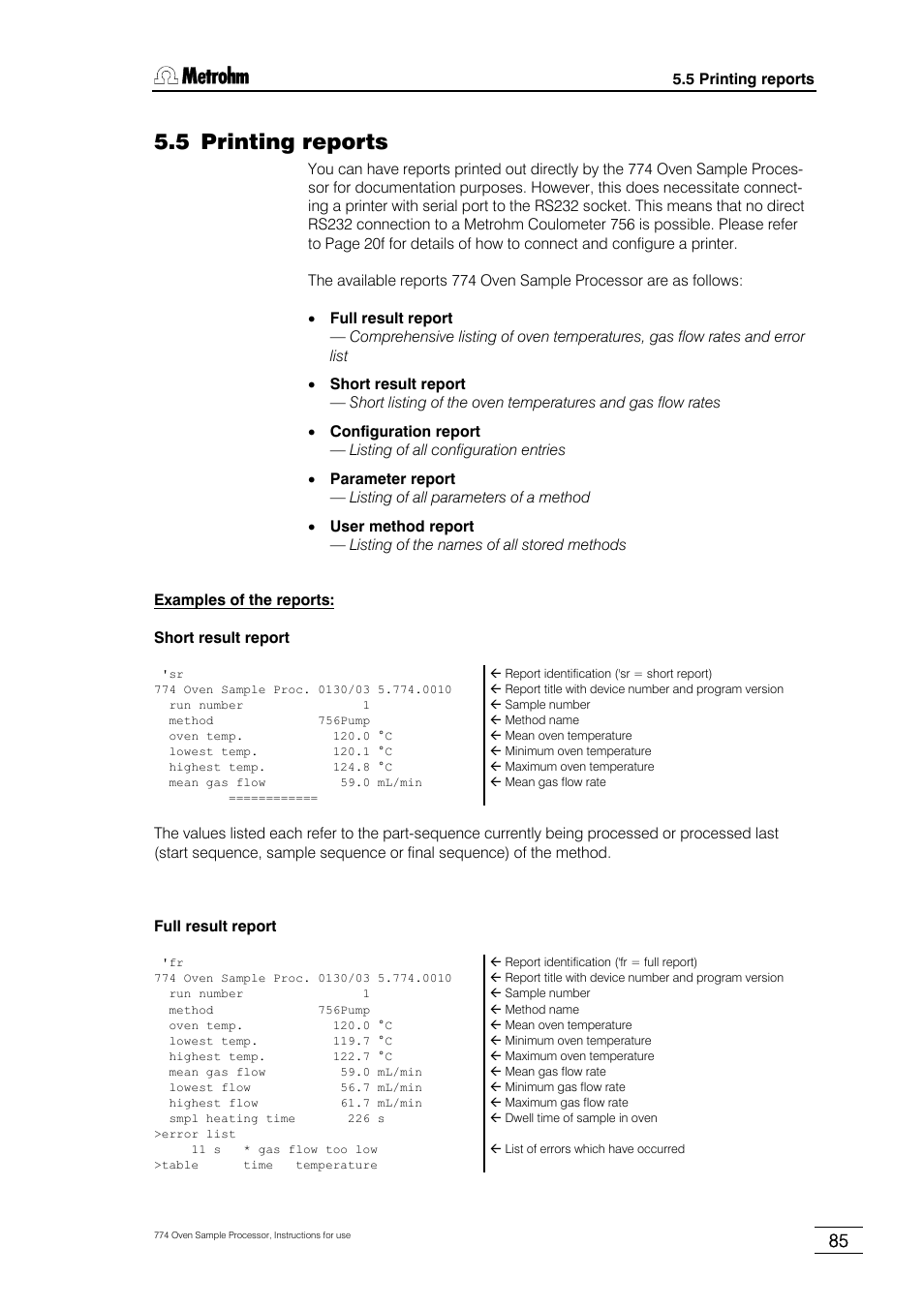 5 printing reports | Metrohm 774 Oven Sample Processor User Manual | Page 91 / 168