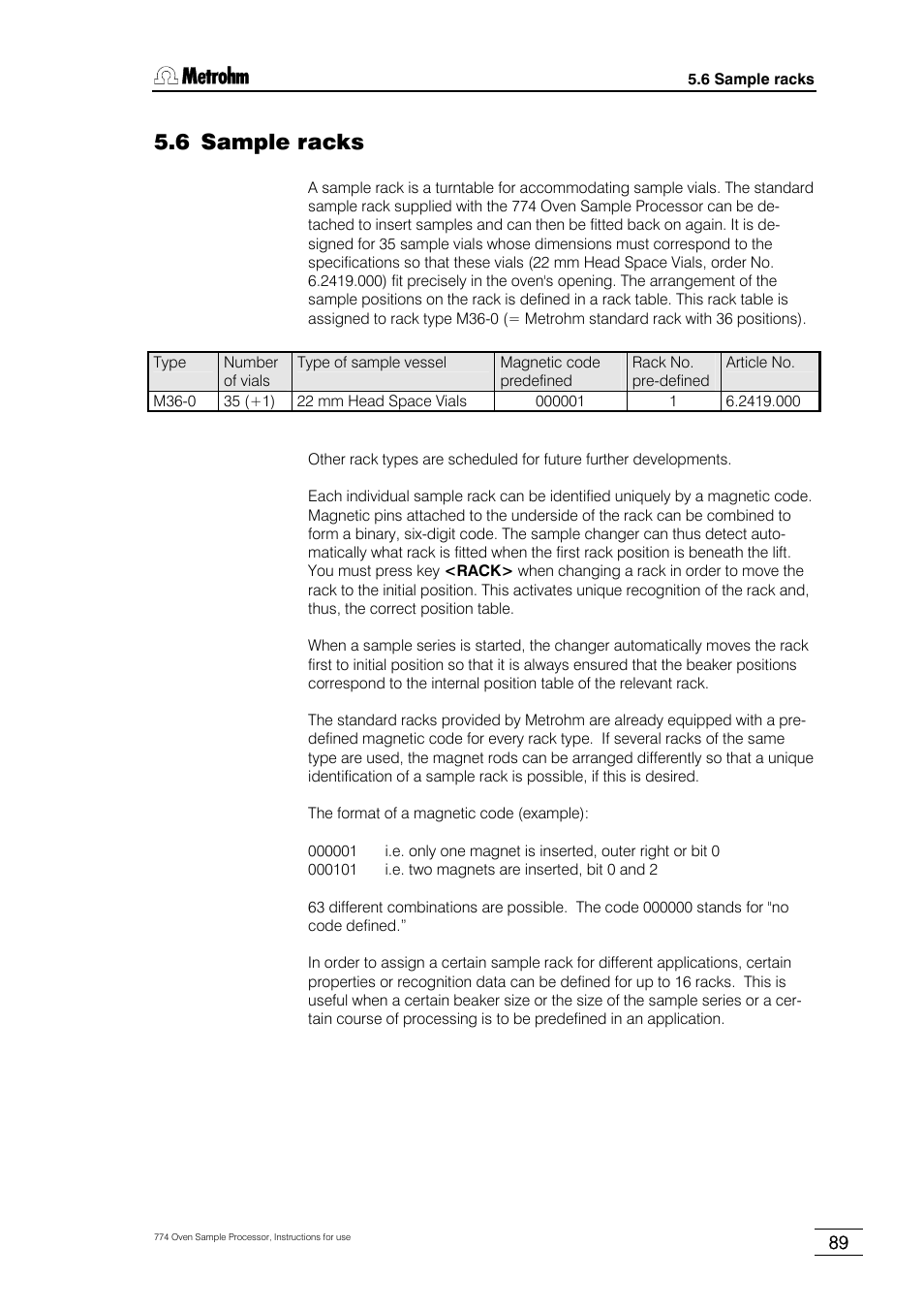 6 sample racks | Metrohm 774 Oven Sample Processor User Manual | Page 95 / 168