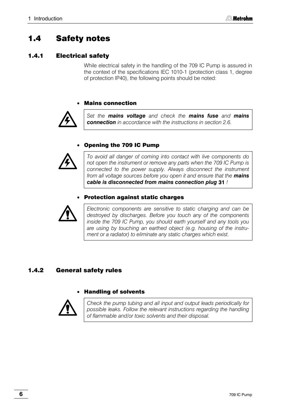 4 safety notes, 1 electrical safety, 2 general safety rules | Metrohm 709 IC Pump User Manual | Page 14 / 70