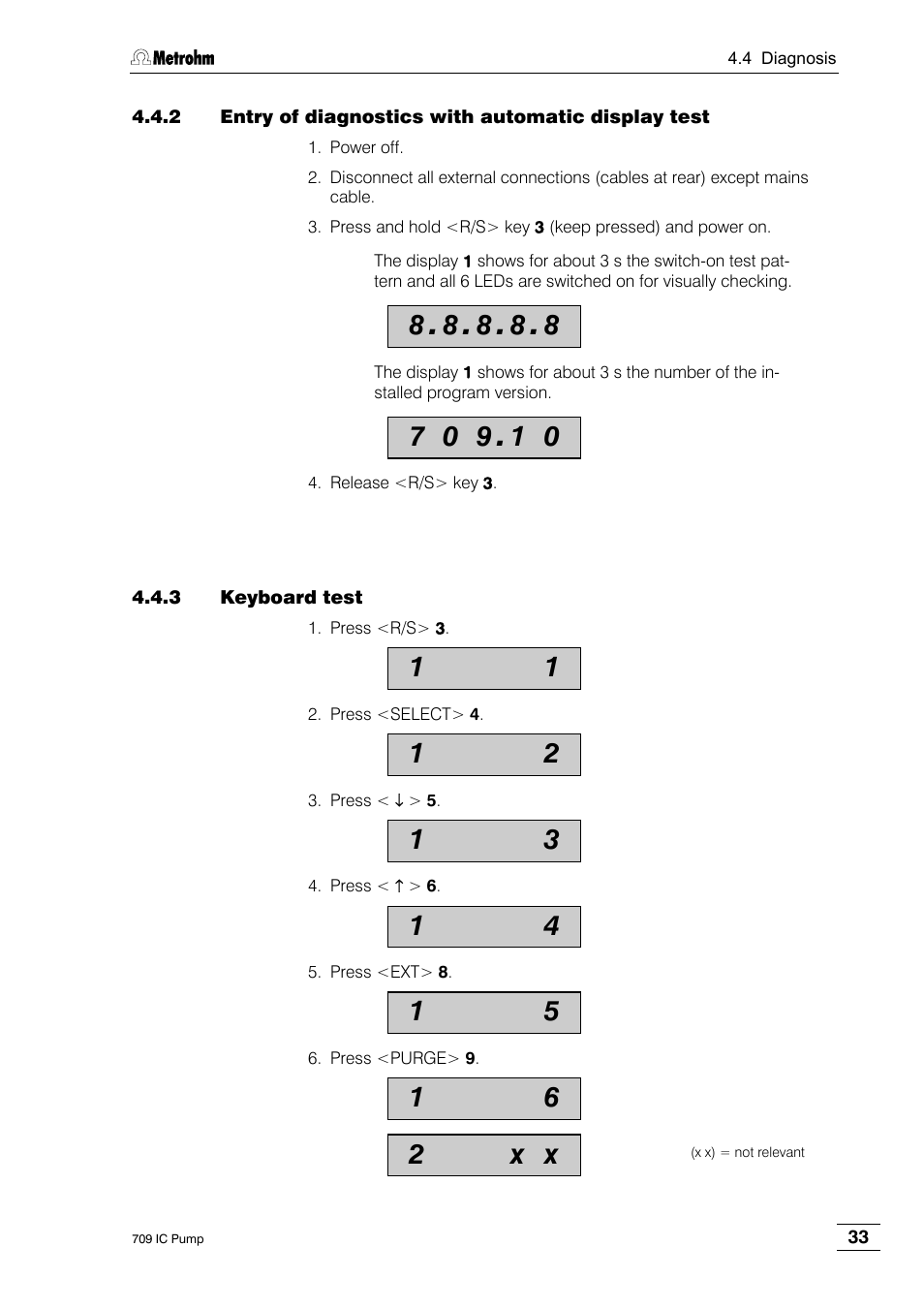 2 entry of diagnostics with automatic display test, 3 keyboard test, 2 x x | Metrohm 709 IC Pump User Manual | Page 41 / 70