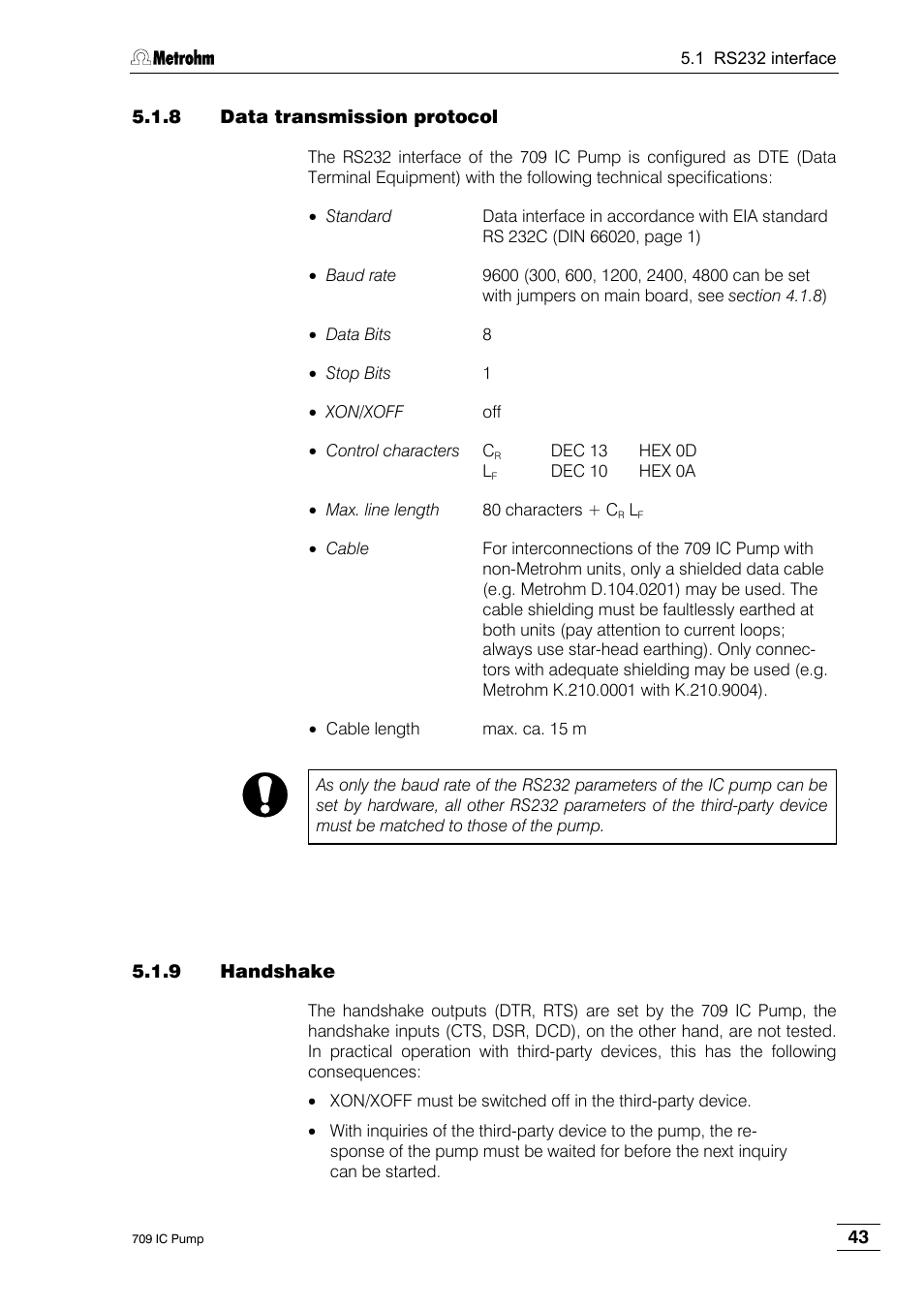8 data transmission protocol, 9 handshake | Metrohm 709 IC Pump User Manual | Page 51 / 70