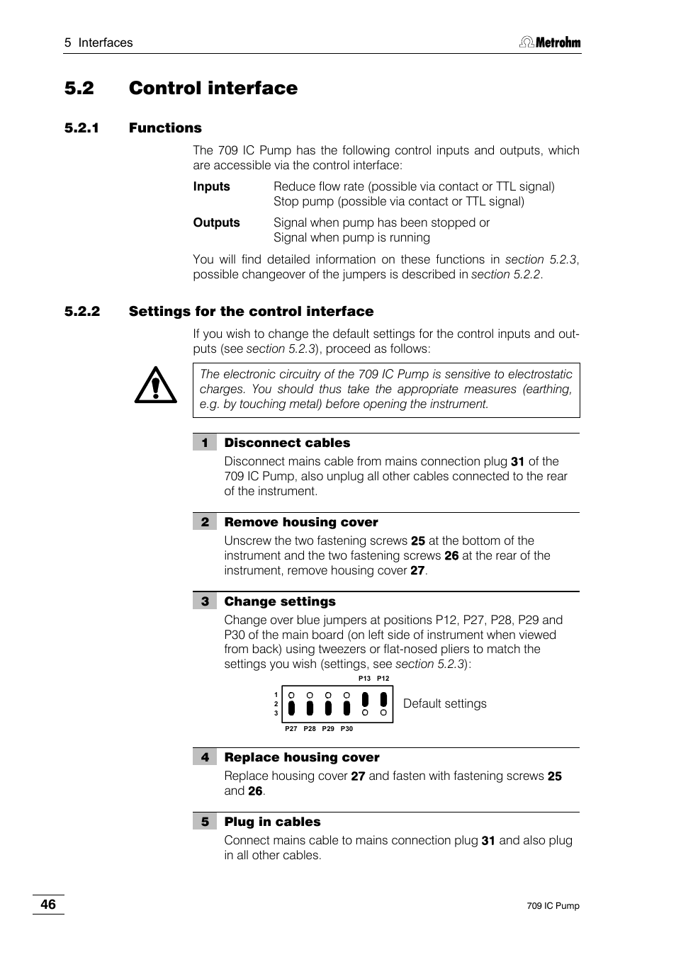 2 control interface, 1 functions, 2 settings for the control interface | Metrohm 709 IC Pump User Manual | Page 54 / 70