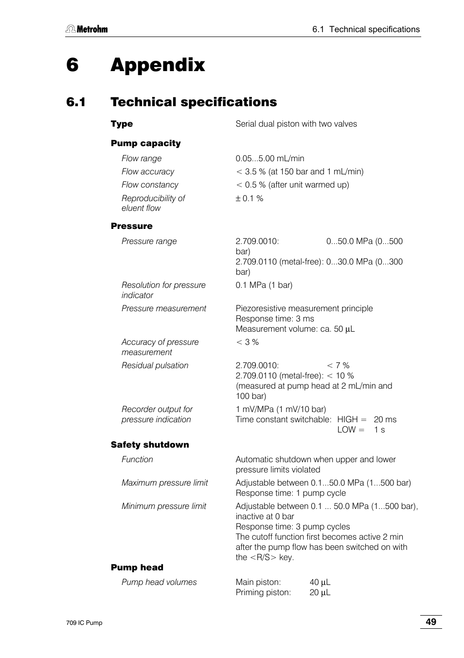 6 appendix, 1 technical specifications | Metrohm 709 IC Pump User Manual | Page 57 / 70