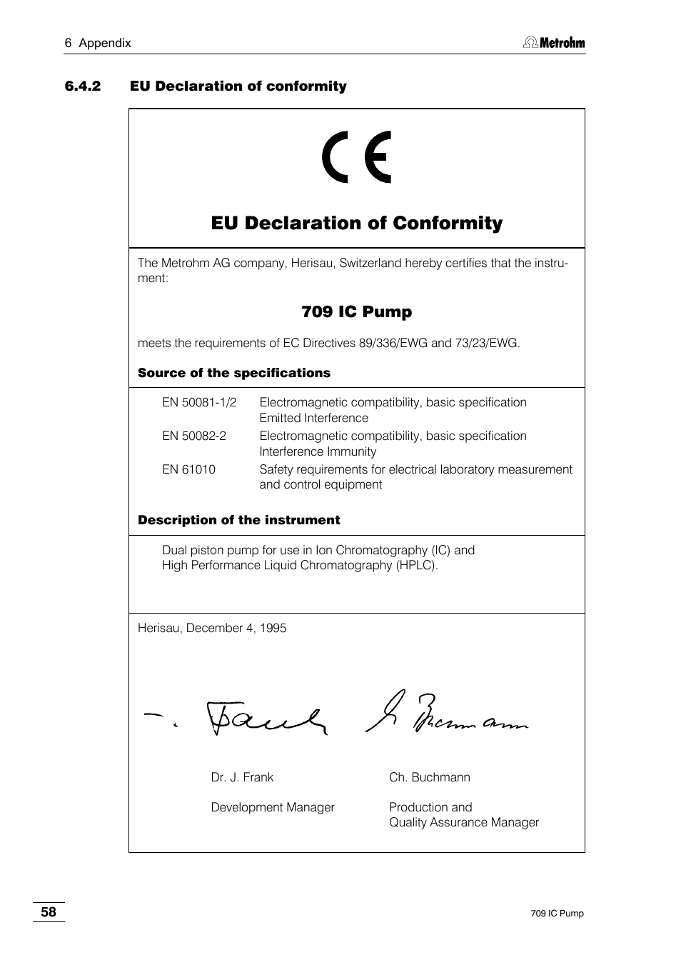 2 eu declaration of conformity, Eu declaration of conformity, 709 ic pump | Metrohm 709 IC Pump User Manual | Page 66 / 70