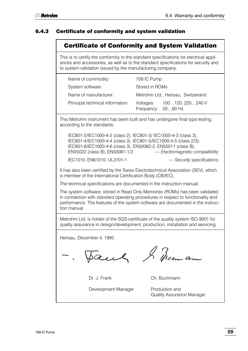 3 certificate of conformity and system validation, Certificate of conformity and system validation | Metrohm 709 IC Pump User Manual | Page 67 / 70