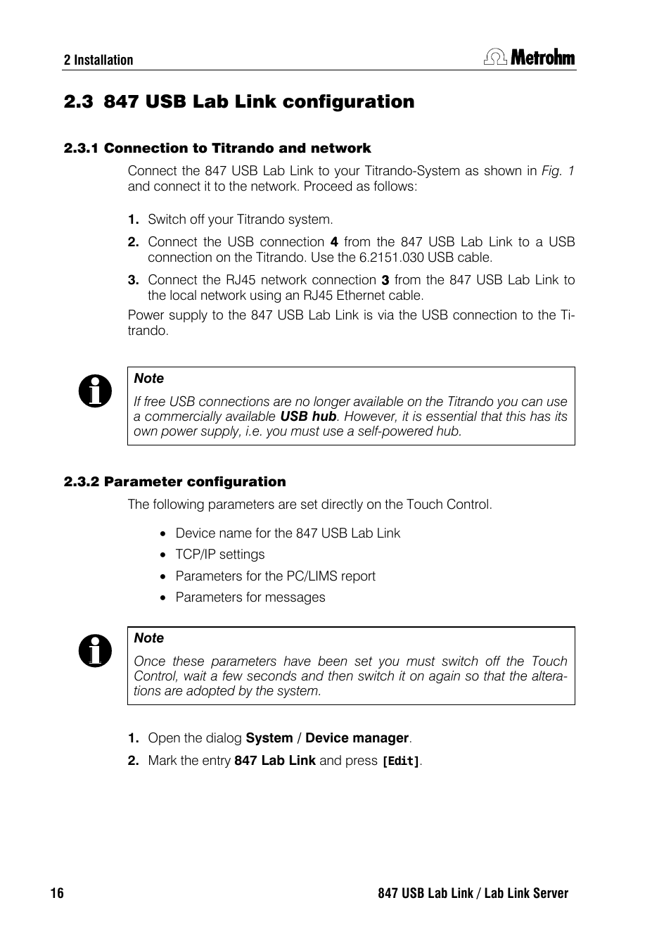 3 847 usb lab link configuration, 1 connection to titrando and network, 2 parameter configuration | Metrohm 847 Lab Link User Manual | Page 20 / 48