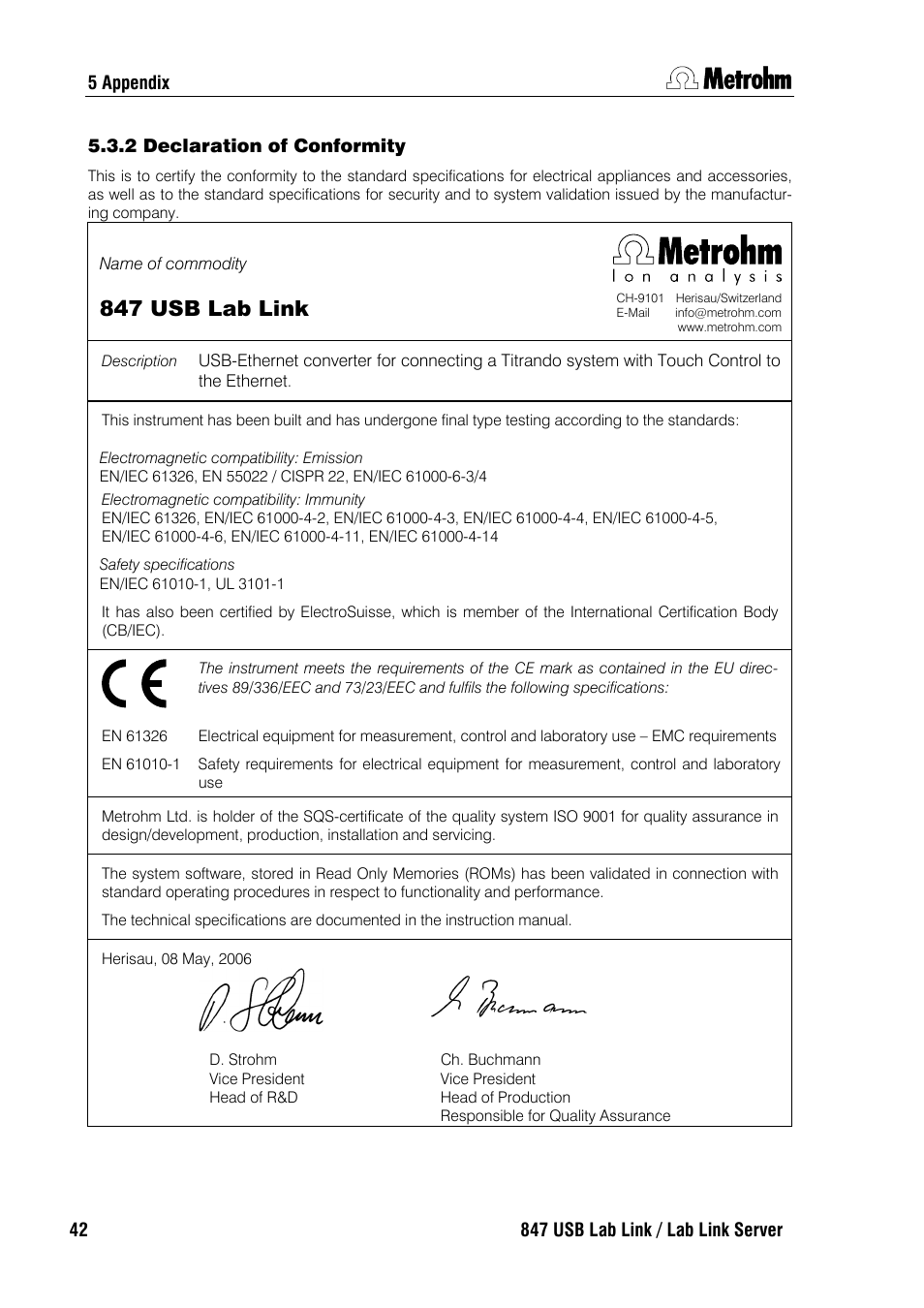 2 declaration of conformity, 847 usb lab link | Metrohm 847 Lab Link User Manual | Page 46 / 48