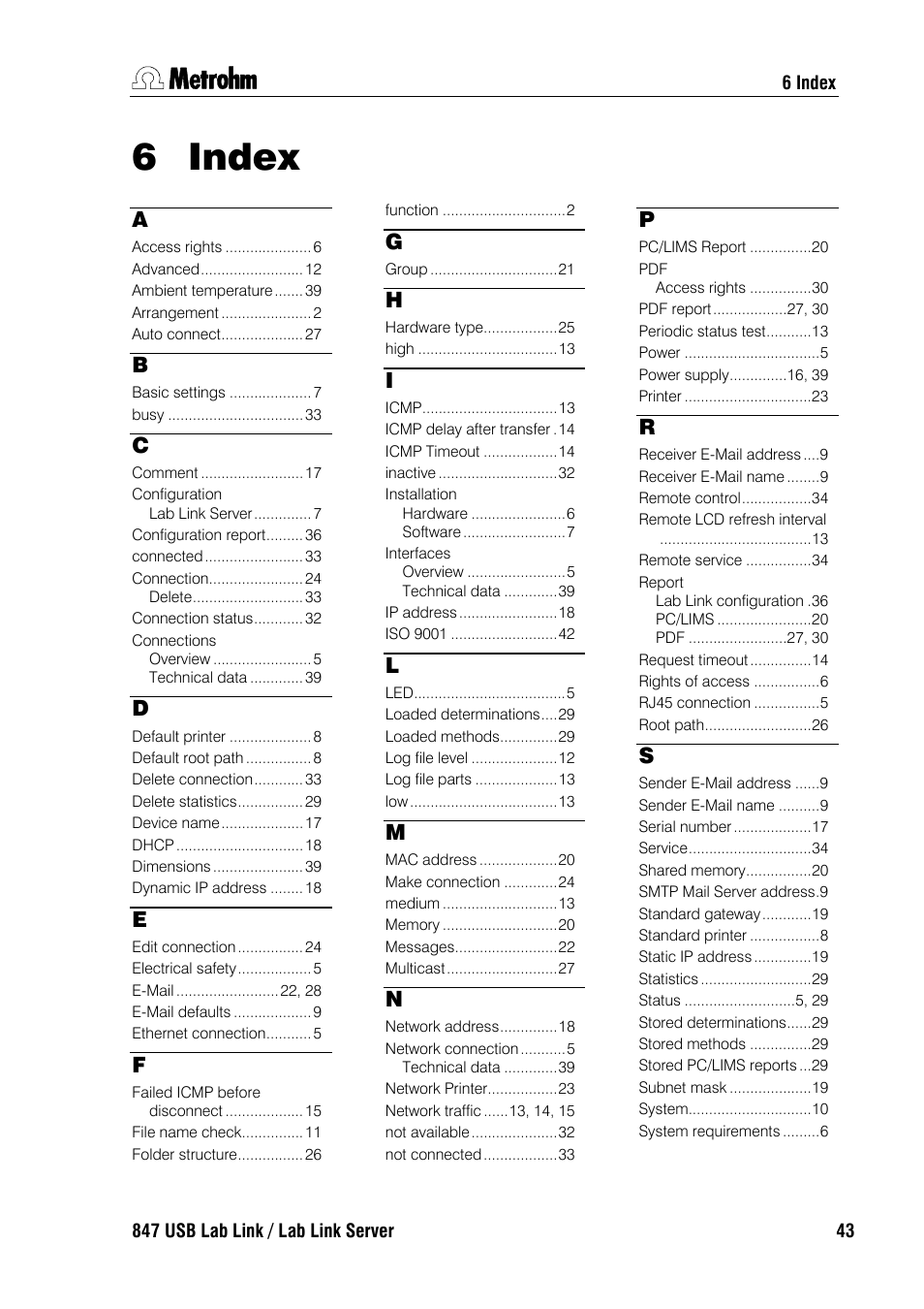 6 index, Index | Metrohm 847 Lab Link User Manual | Page 47 / 48