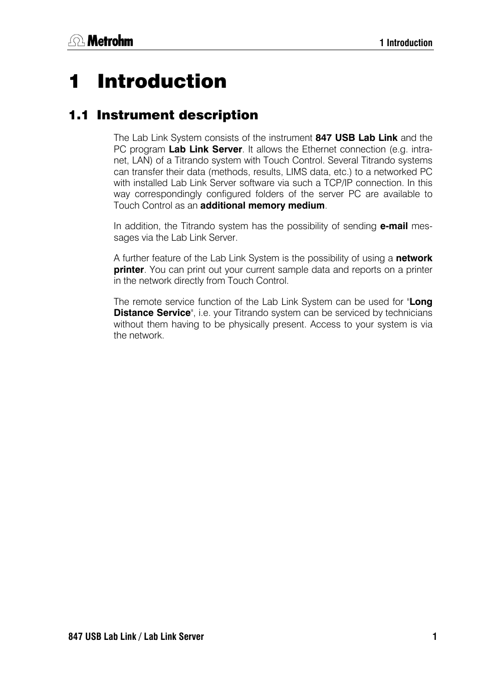 Introduction, 1 instrument description, 1 introduction | Metrohm 847 Lab Link User Manual | Page 5 / 48