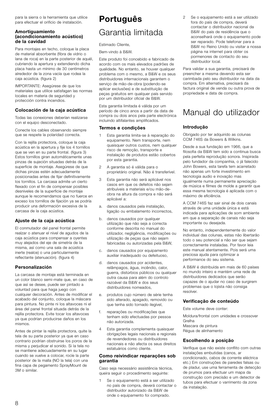 Português garantia limitada, Manual do utilizador | Bowers & Wilkins CCM746S User Manual | Page 11 / 29