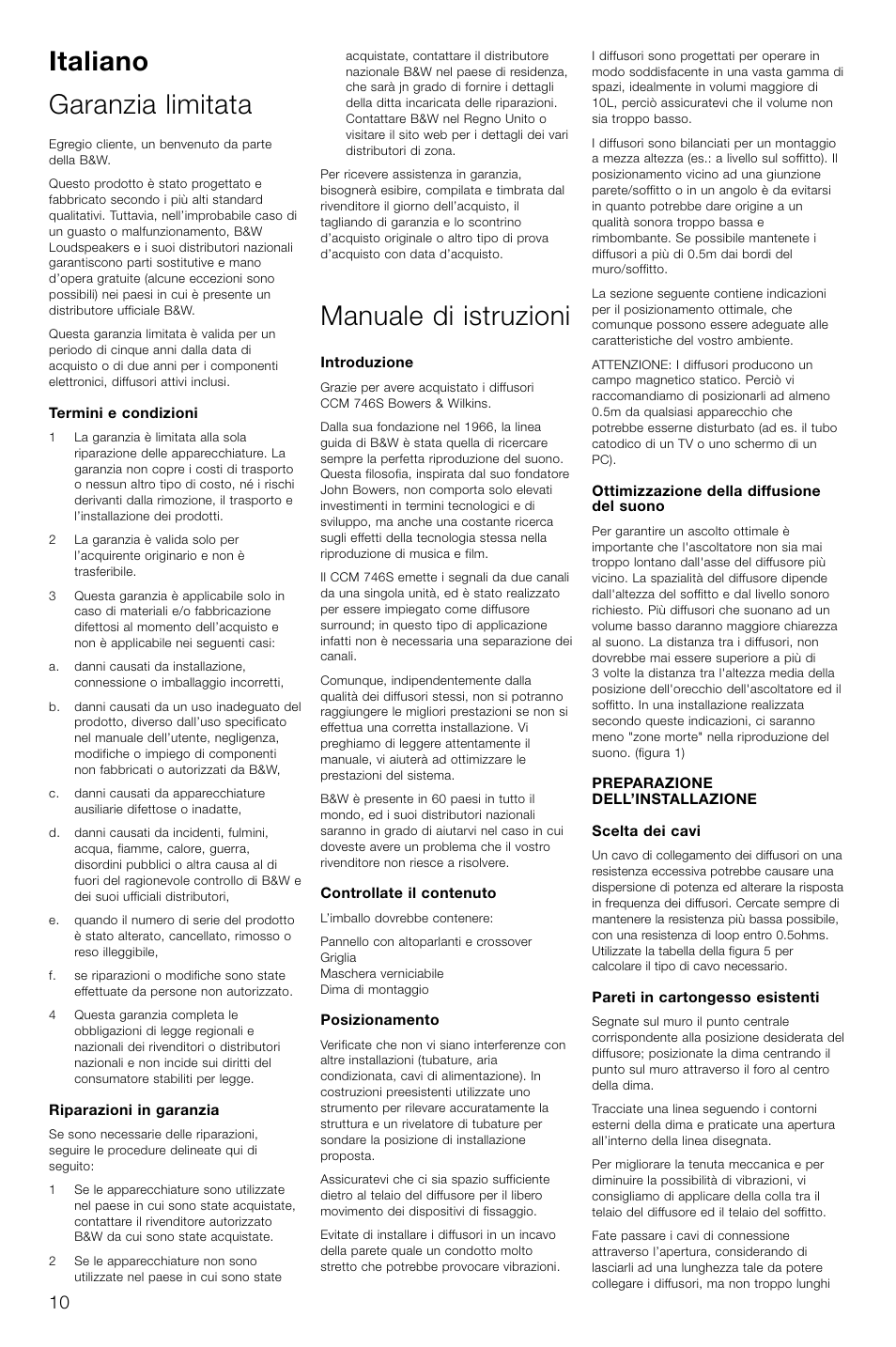 Italiano garanzia limitata, Manuale di istruzioni | Bowers & Wilkins CCM746S User Manual | Page 13 / 29