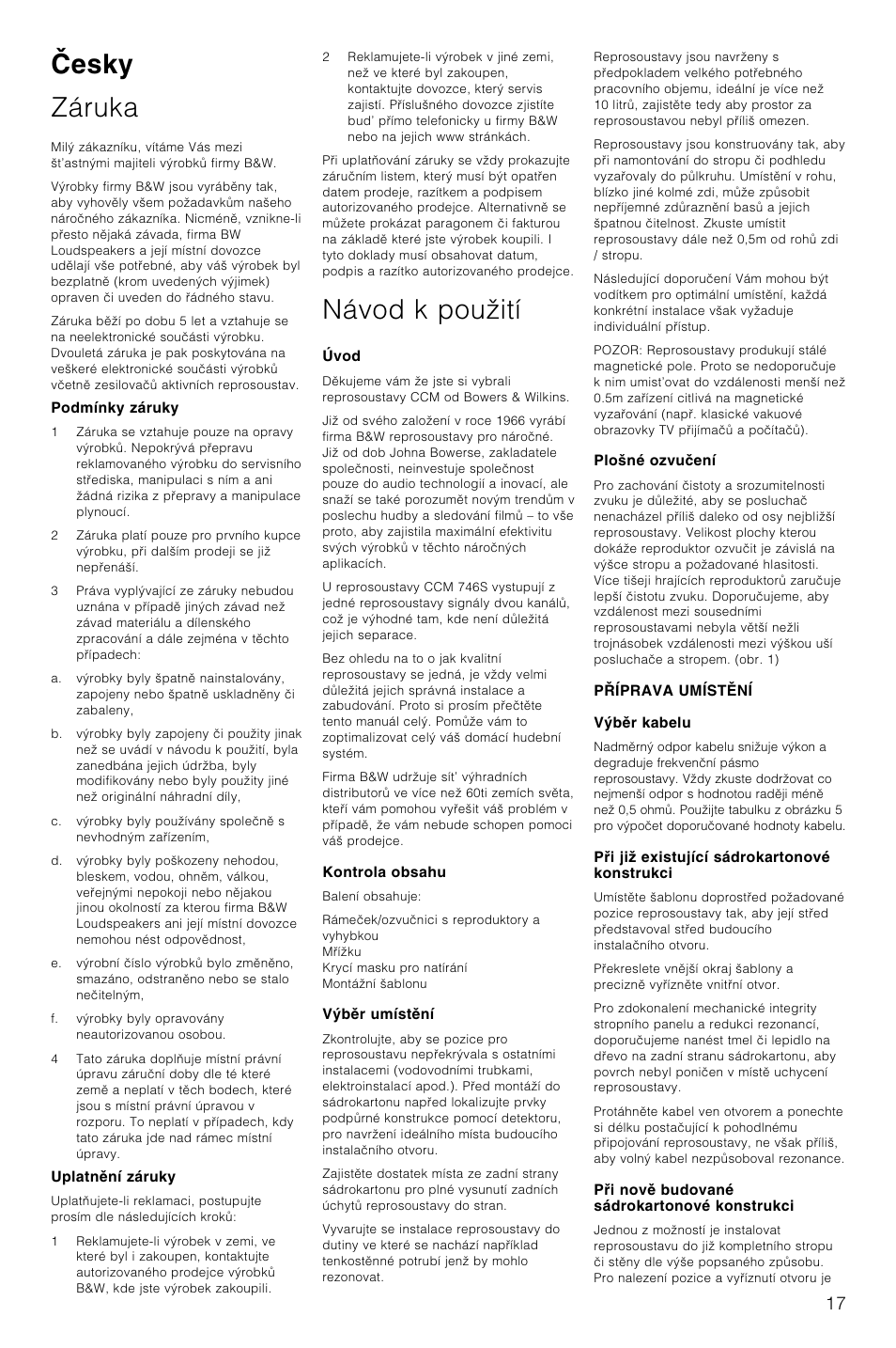 Esky záruka, Návod k pouãití | Bowers & Wilkins CCM746S User Manual | Page 20 / 29