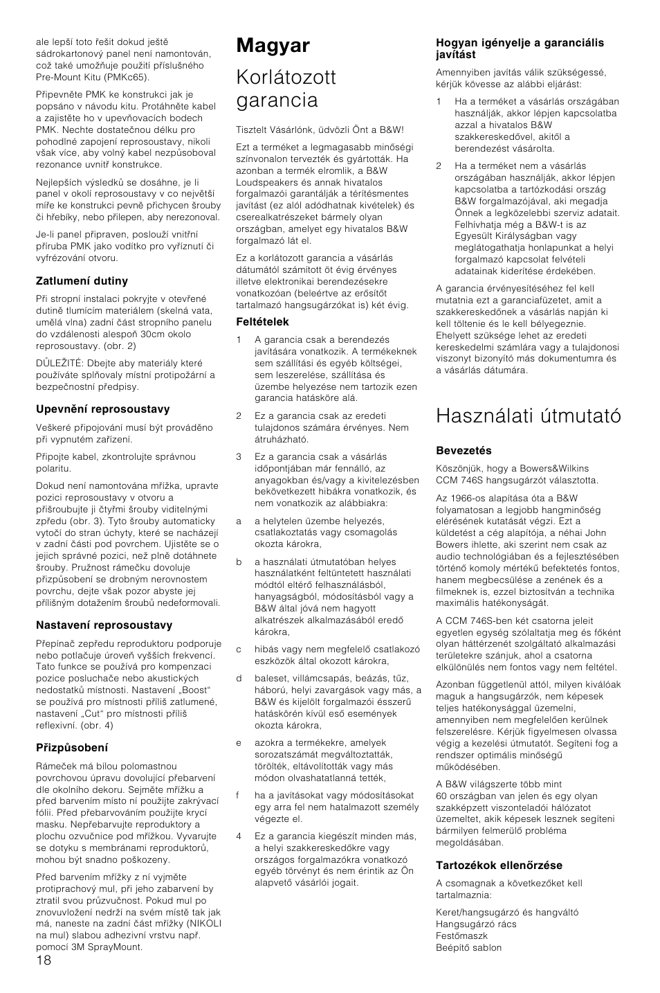 Magyar korlátozott garancia, Használati útmutató | Bowers & Wilkins CCM746S User Manual | Page 21 / 29