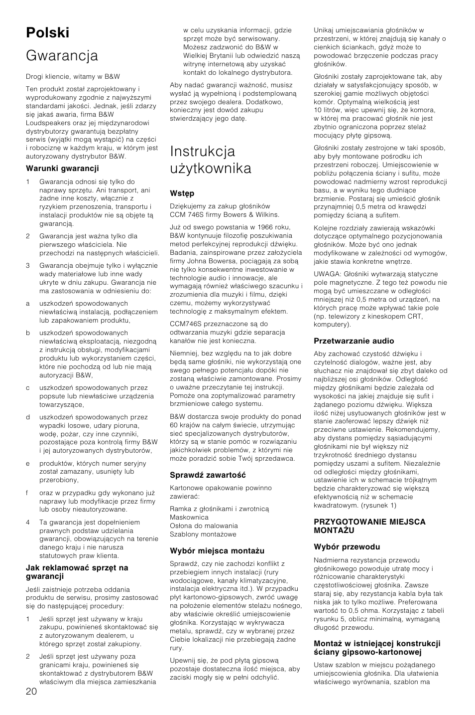 Polski gwarancja, Instrukcja uãytkownika | Bowers & Wilkins CCM746S User Manual | Page 23 / 29