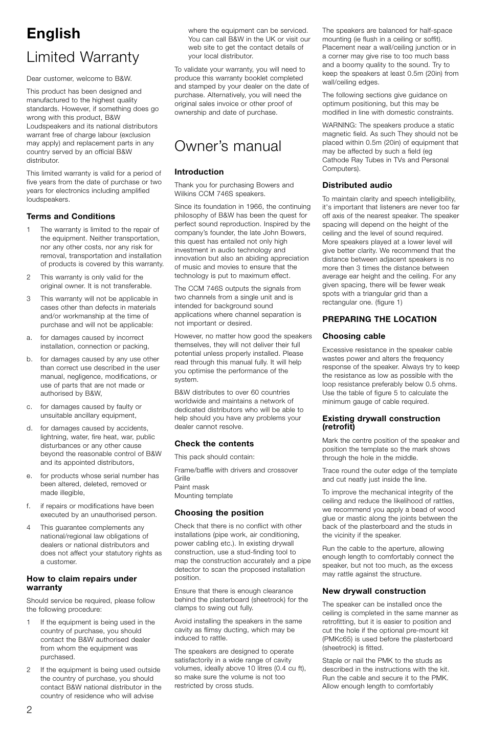 English limited warranty, Owner’s manual | Bowers & Wilkins CCM746S User Manual | Page 5 / 29