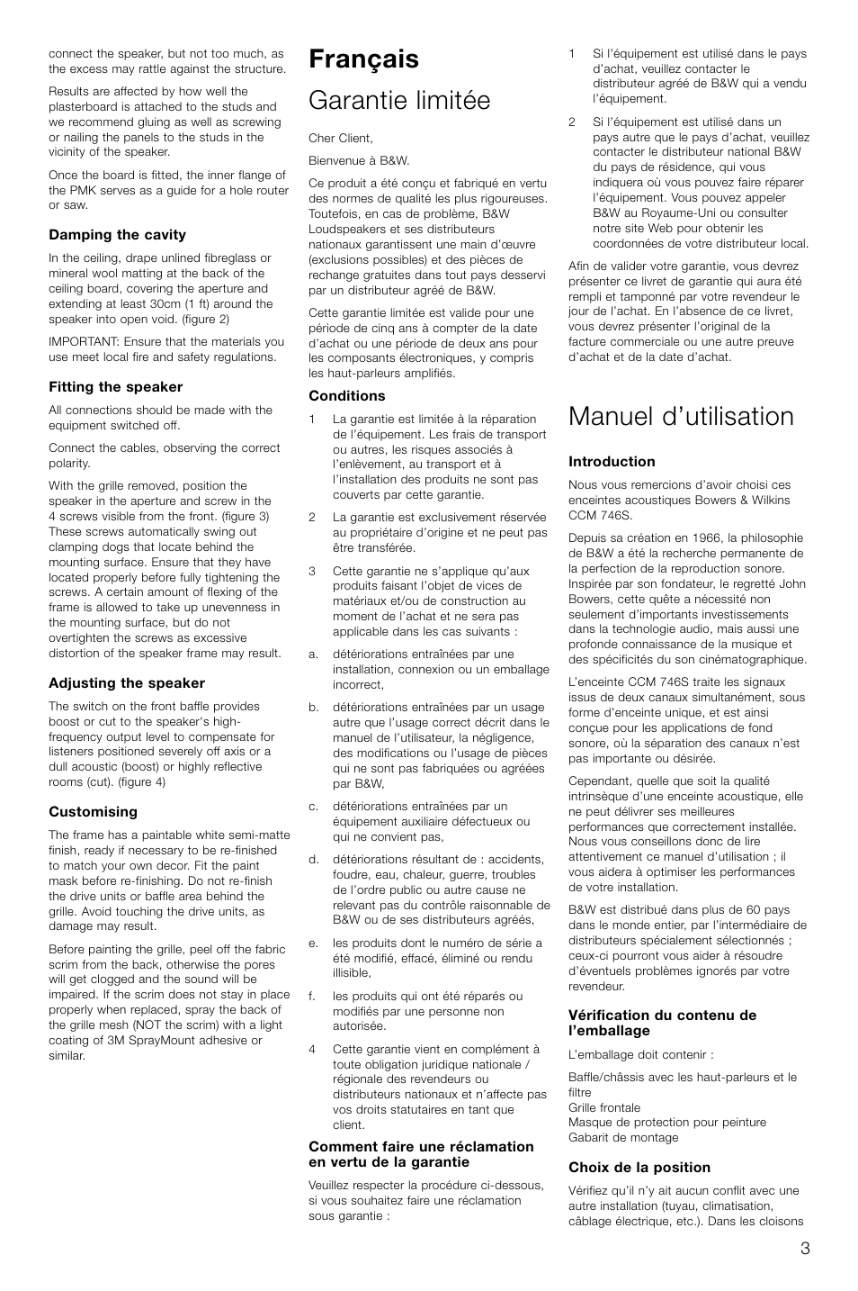 Français garantie limitée, Manuel d’utilisation | Bowers & Wilkins CCM746S User Manual | Page 6 / 29