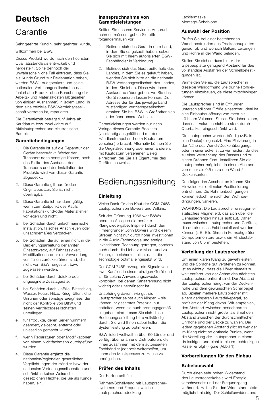 Deutsch garantie, Bedienungsanleitung | Bowers & Wilkins CCM746S User Manual | Page 8 / 29