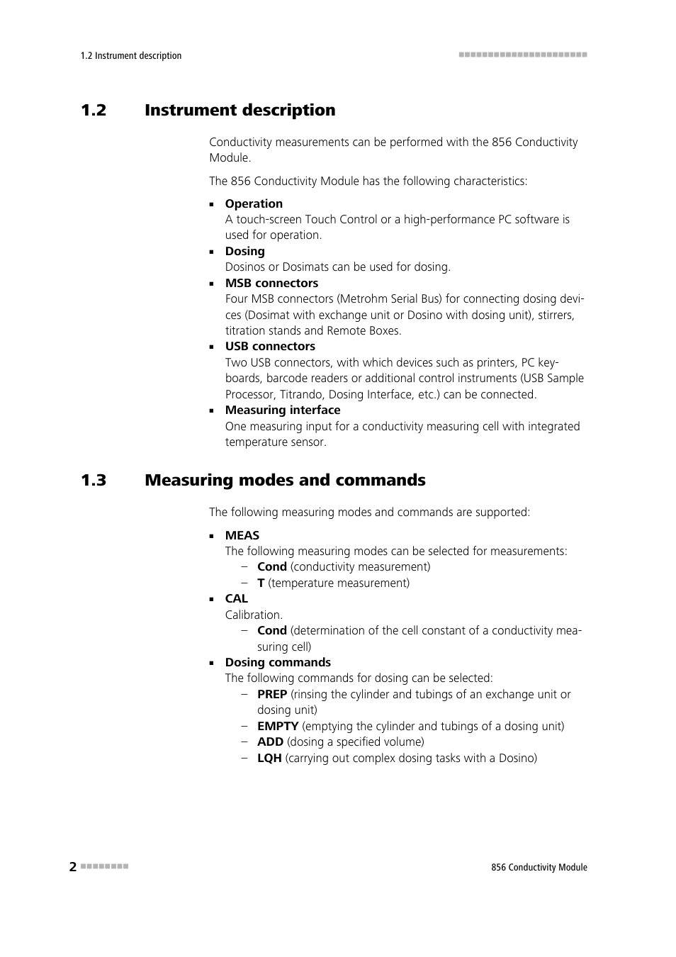 2 instrument description, 3 measuring modes and commands, Instrument description | Measuring modes and commands | Metrohm 856 Conductivity Module User Manual | Page 10 / 46