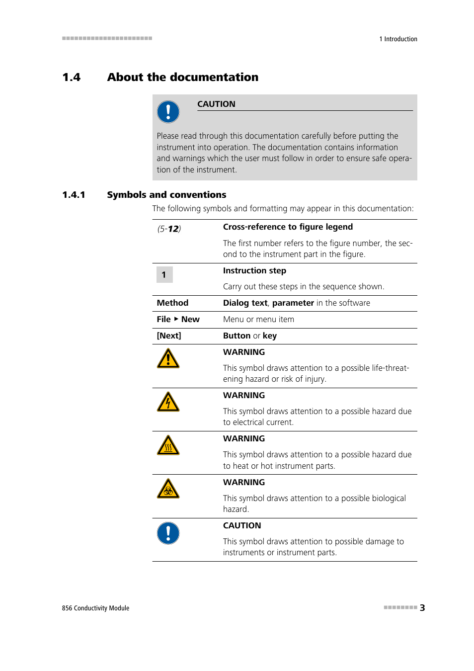 4 about the documentation, 1 symbols and conventions, About the documentation | Symbols and conventions | Metrohm 856 Conductivity Module User Manual | Page 11 / 46