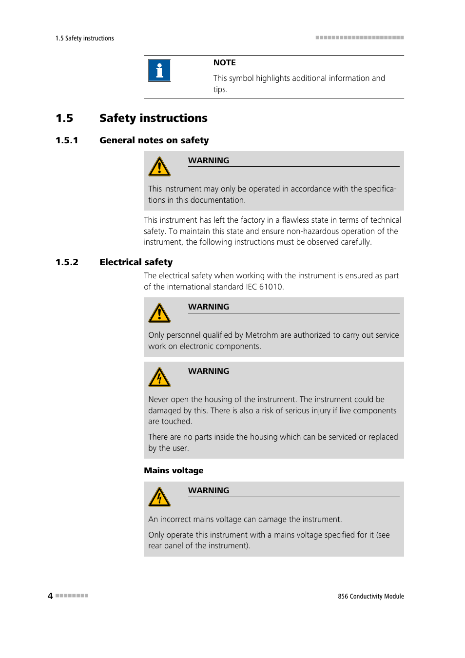 5 safety instructions, 1 general notes on safety, 2 electrical safety | Safety instructions, General notes on safety, Electrical safety | Metrohm 856 Conductivity Module User Manual | Page 12 / 46