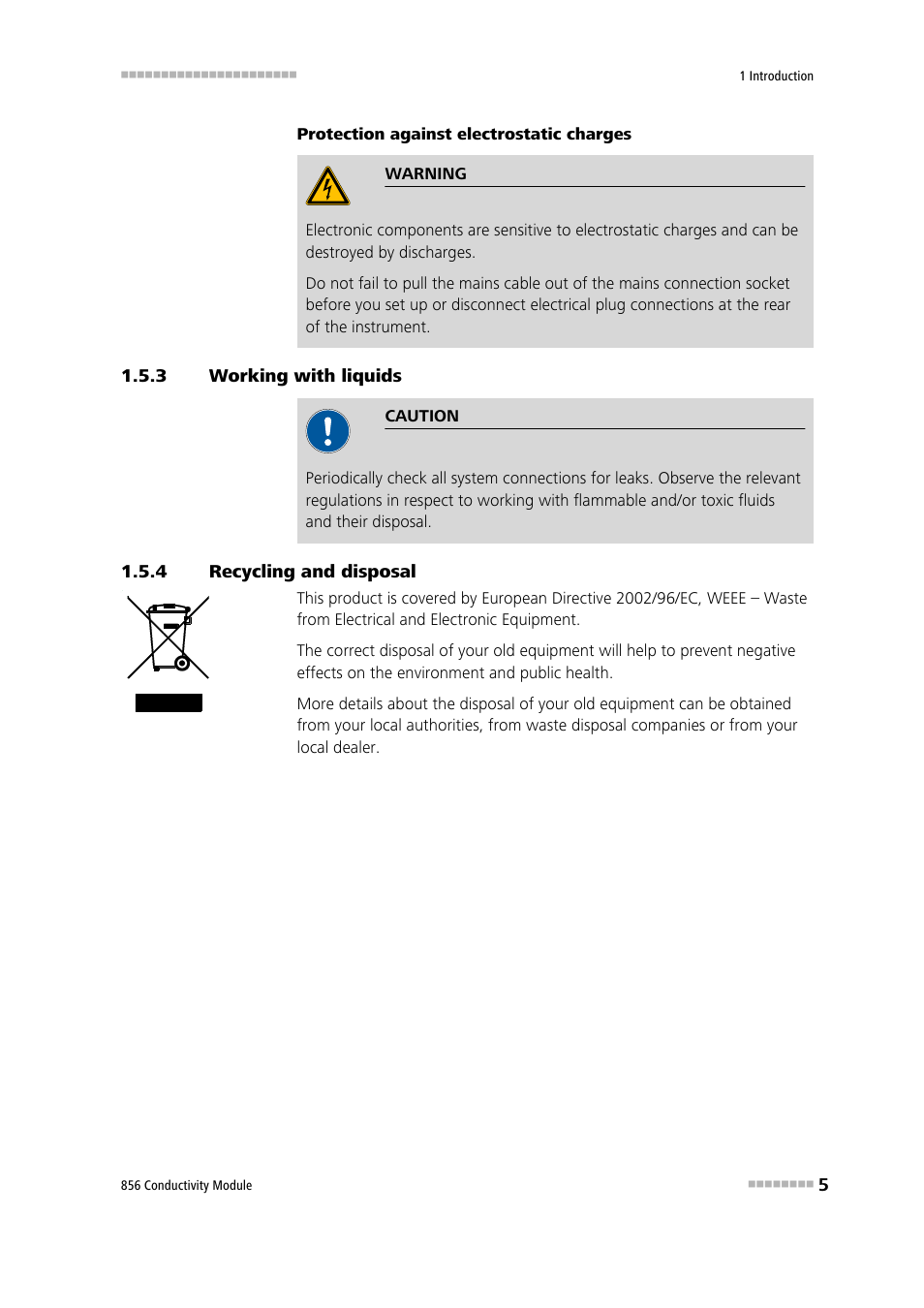 3 working with liquids, 4 recycling and disposal, Working with liquids | Recycling and disposal | Metrohm 856 Conductivity Module User Manual | Page 13 / 46