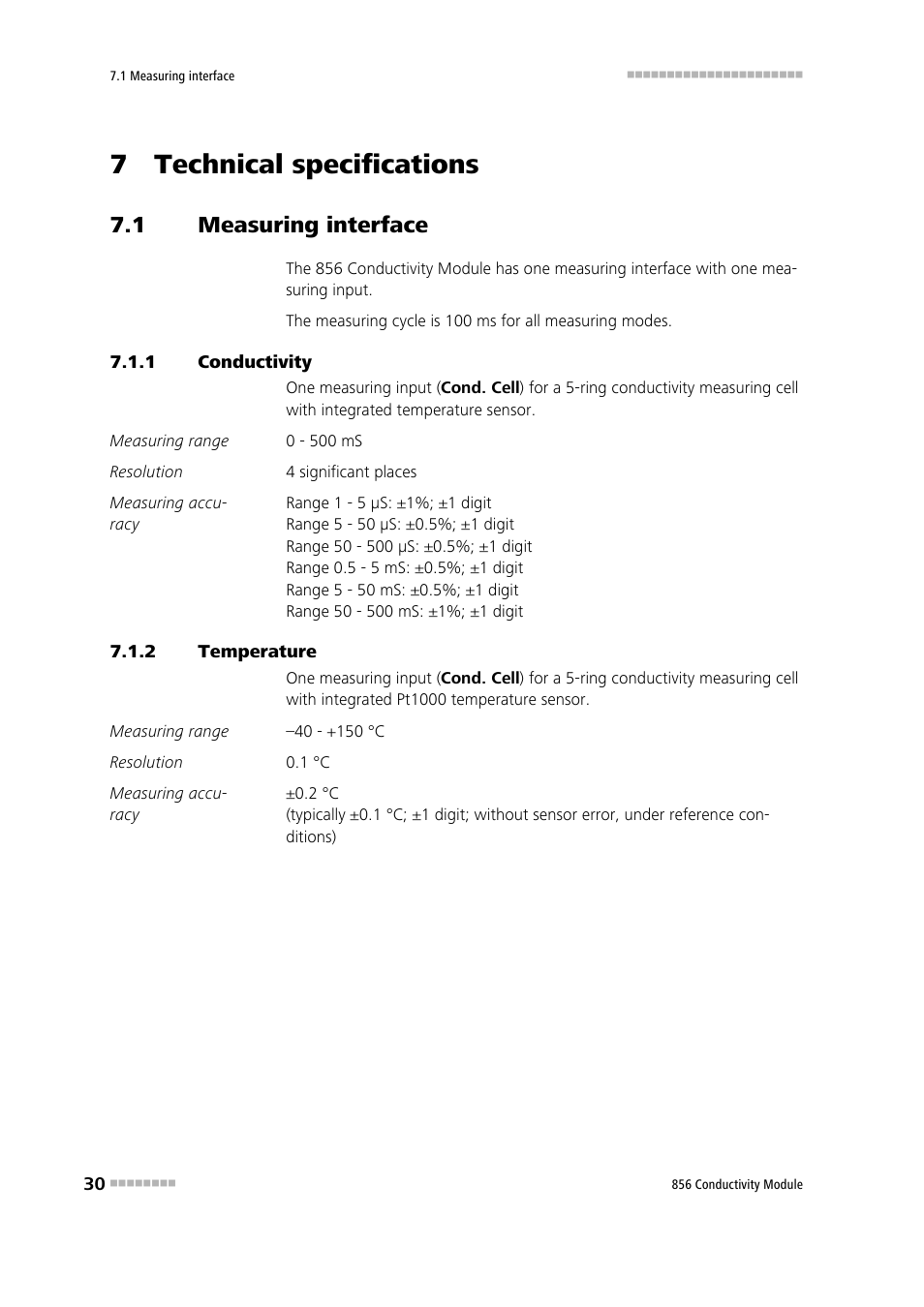 7 technical specifications, 1 measuring interface, 1 conductivity | 2 temperature, Measuring interface, Conductivity, Temperature | Metrohm 856 Conductivity Module User Manual | Page 38 / 46