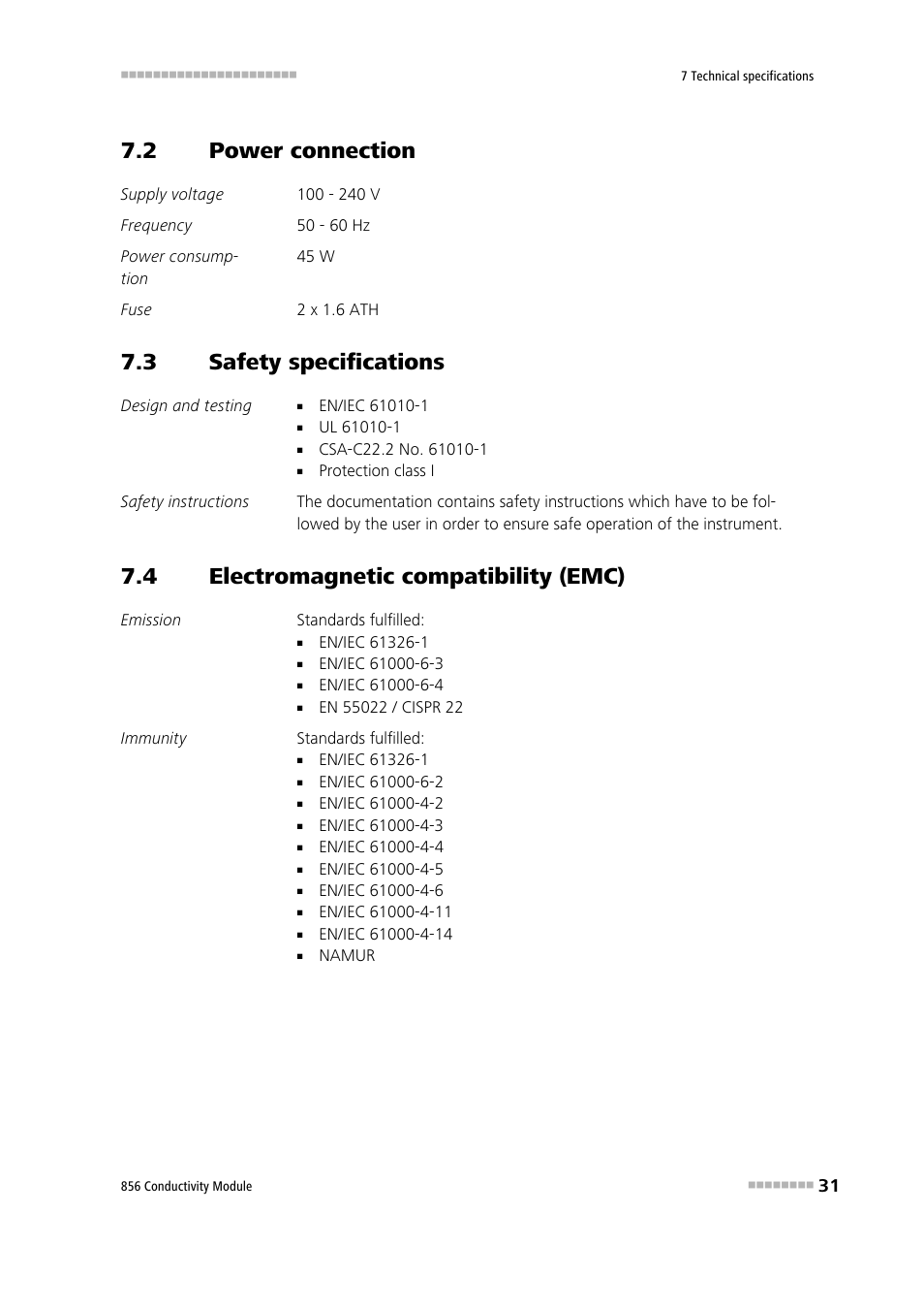 2 power connection, 3 safety specifications, 4 electromagnetic compatibility (emc) | Power connection, Safety specifications, Electromagnetic compatibility (emc) | Metrohm 856 Conductivity Module User Manual | Page 39 / 46