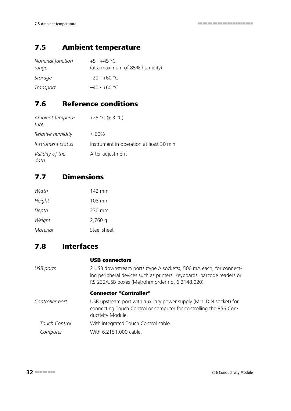 5 ambient temperature, 6 reference conditions, 7 dimensions | 8 interfaces, Ambient temperature, Reference conditions, Dimensions, Interfaces | Metrohm 856 Conductivity Module User Manual | Page 40 / 46