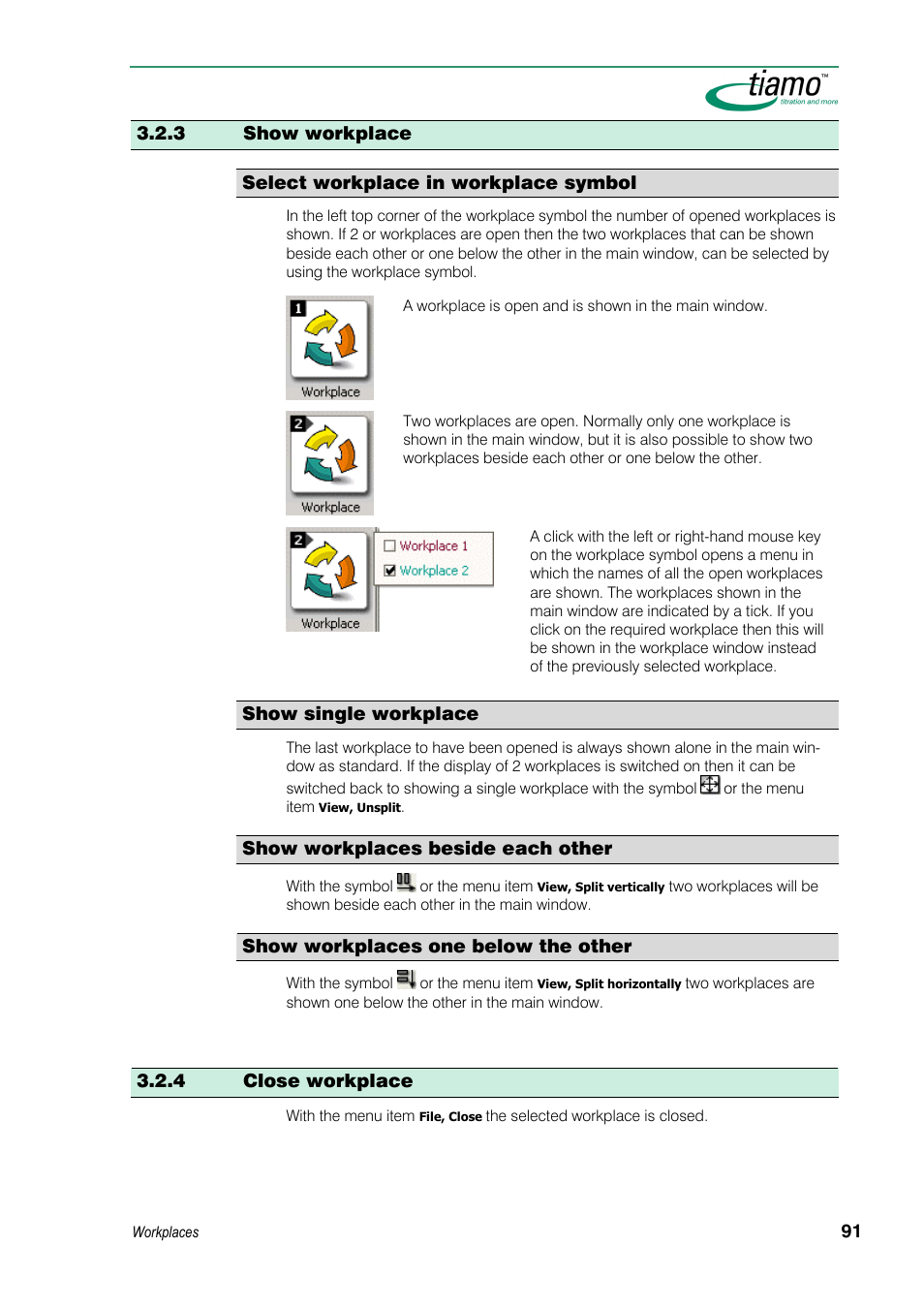 3 show workplace, Select workplace in workplace symbol, Show single workplace | Show workplaces beside each other, Show workplaces one below the other, 4 close workplace | Metrohm tiamo 1.3 Manual User Manual | Page 117 / 893