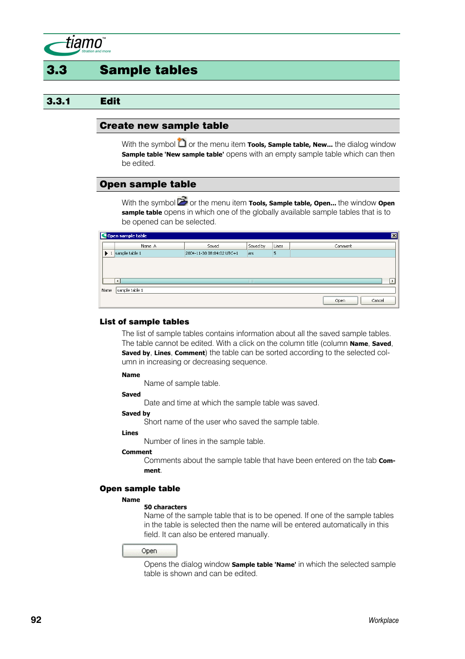 3 sample tables, 1 edit, Create new sample table | Open sample table, 1 edit create new sample table | Metrohm tiamo 1.3 Manual User Manual | Page 118 / 893