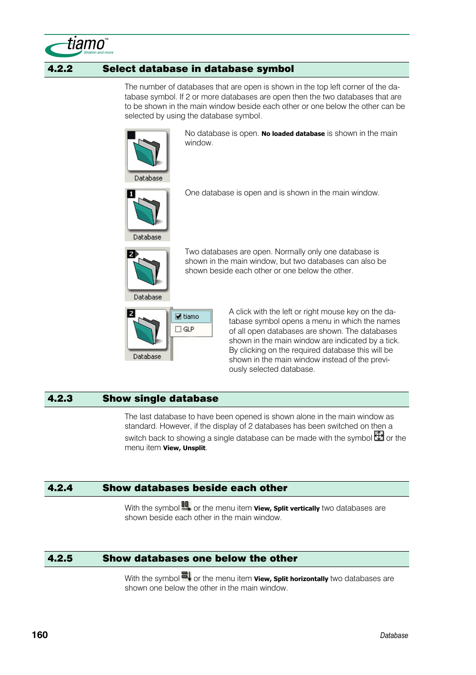 2 select database in database symbol, 3 show single database, 4 show databases beside each other | 5 show databases one below the other | Metrohm tiamo 1.3 Manual User Manual | Page 186 / 893