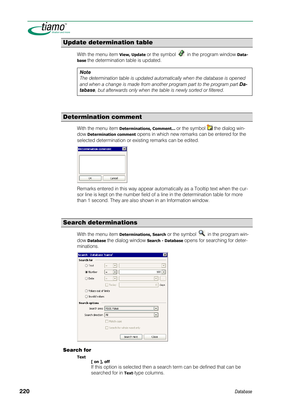 Update determination table, Determination comment, Search determinations | Metrohm tiamo 1.3 Manual User Manual | Page 246 / 893