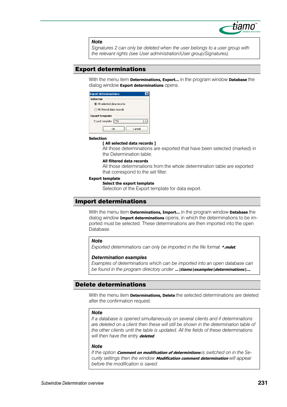 Export determinations, Import determinations, Delete determinations | Metrohm tiamo 1.3 Manual User Manual | Page 257 / 893