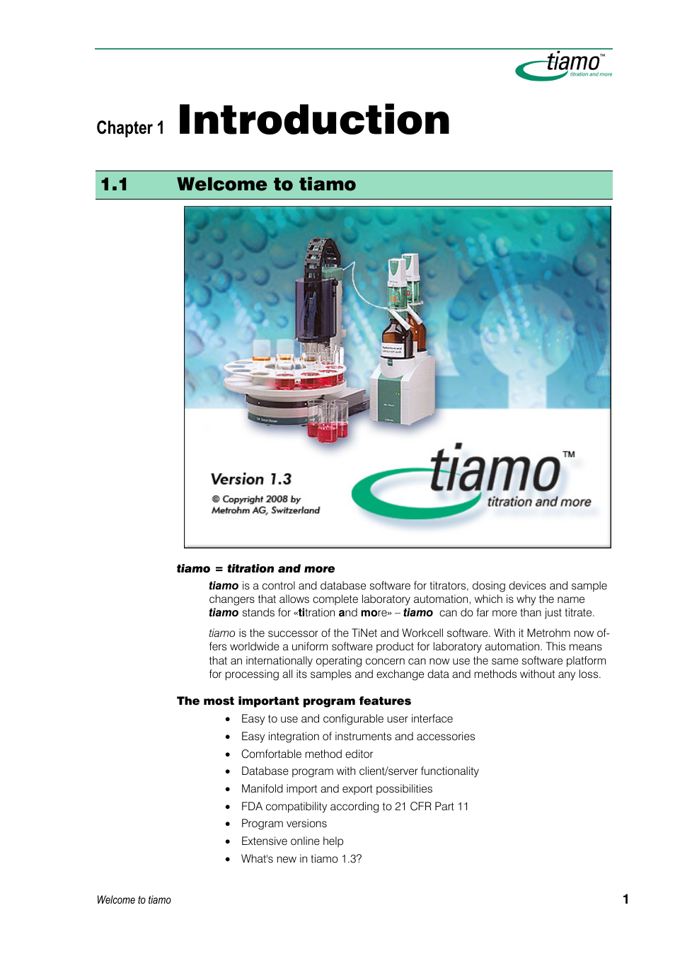 Introduction, 1 welcome to tiamo, Chapter 1 | Metrohm tiamo 1.3 Manual User Manual | Page 27 / 893