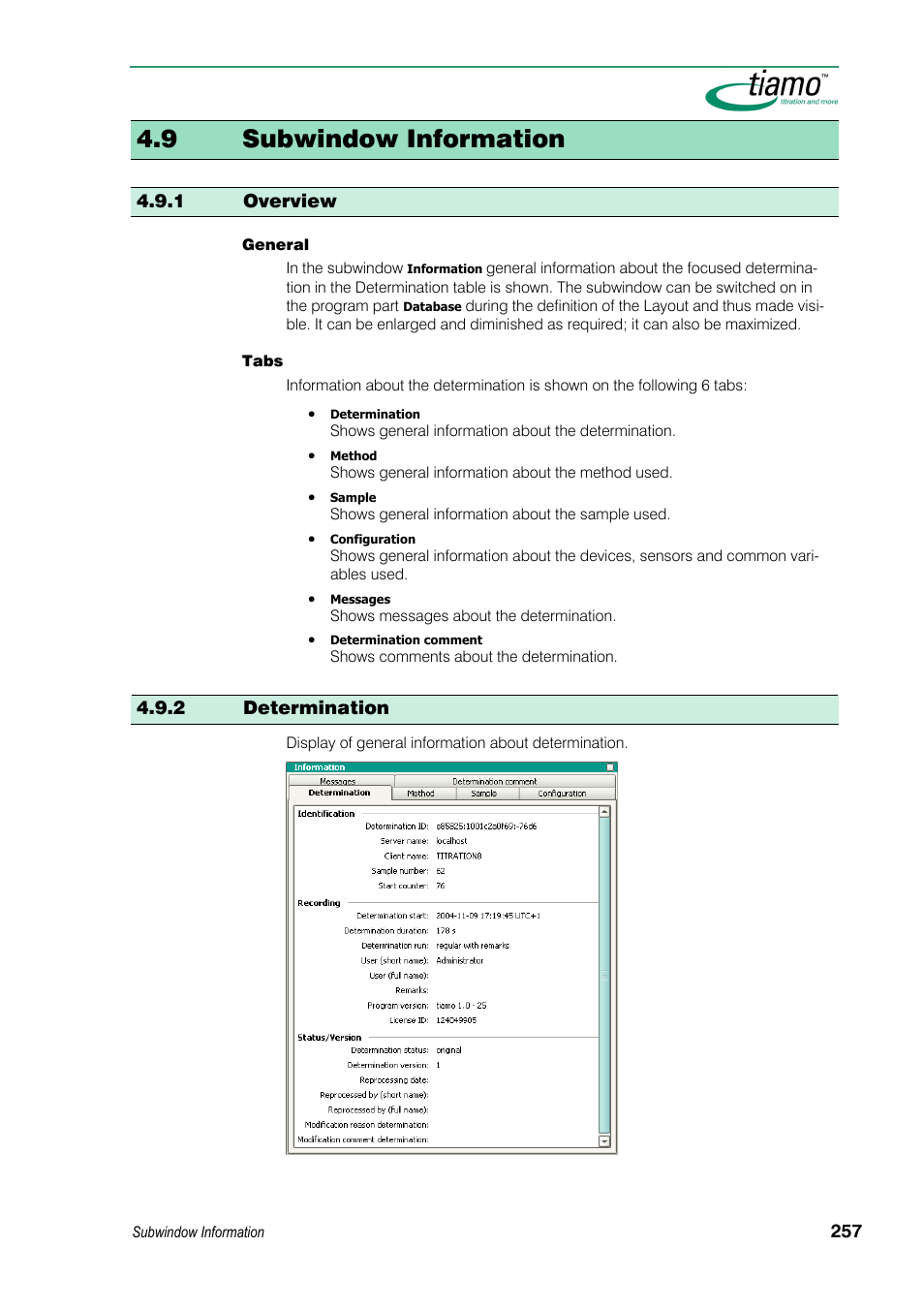 9 subwindow information, 1 overview, 2 determination | Metrohm tiamo 1.3 Manual User Manual | Page 283 / 893