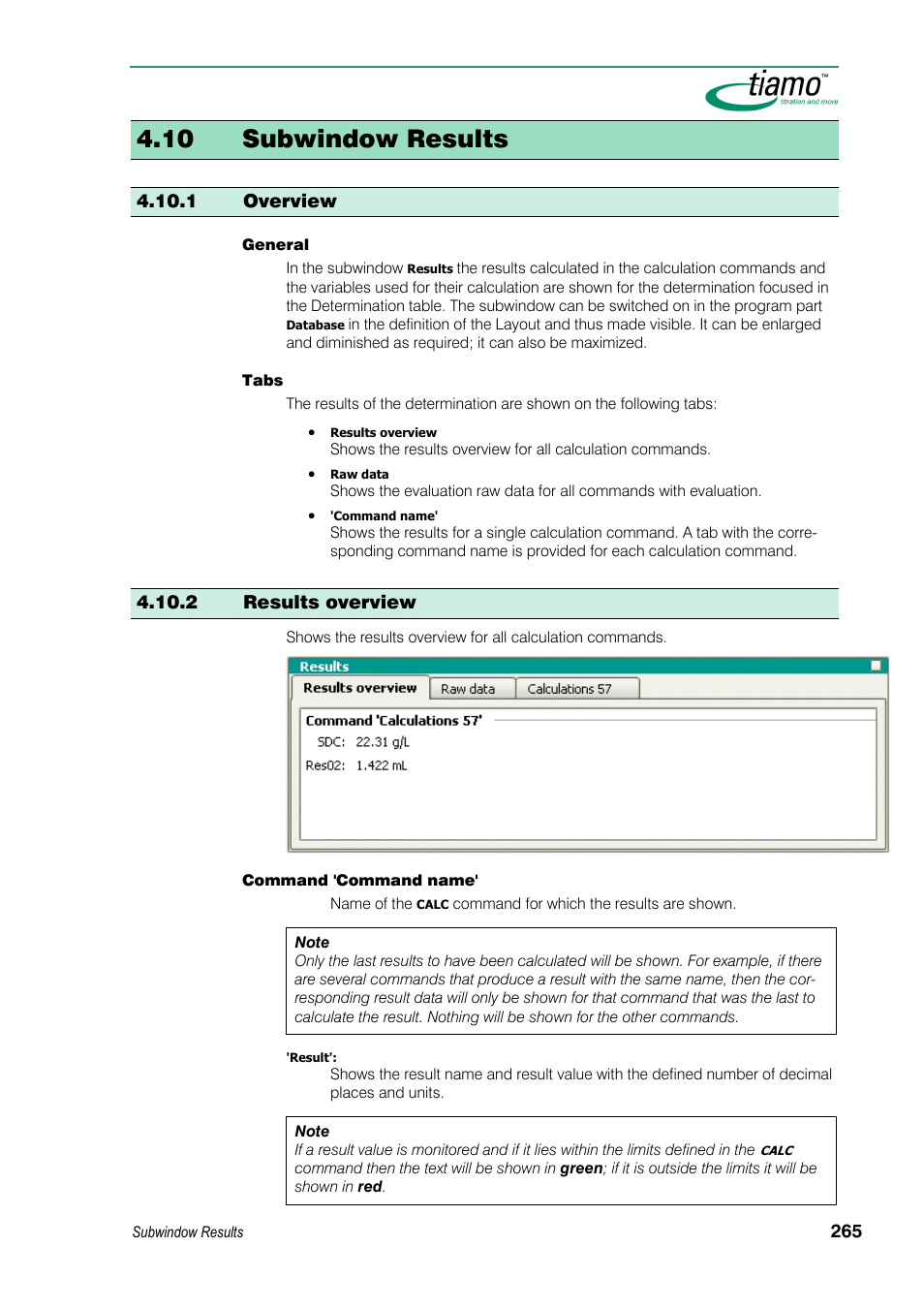 10 subwindow results, 1 overview, 2 results overview | Metrohm tiamo 1.3 Manual User Manual | Page 291 / 893