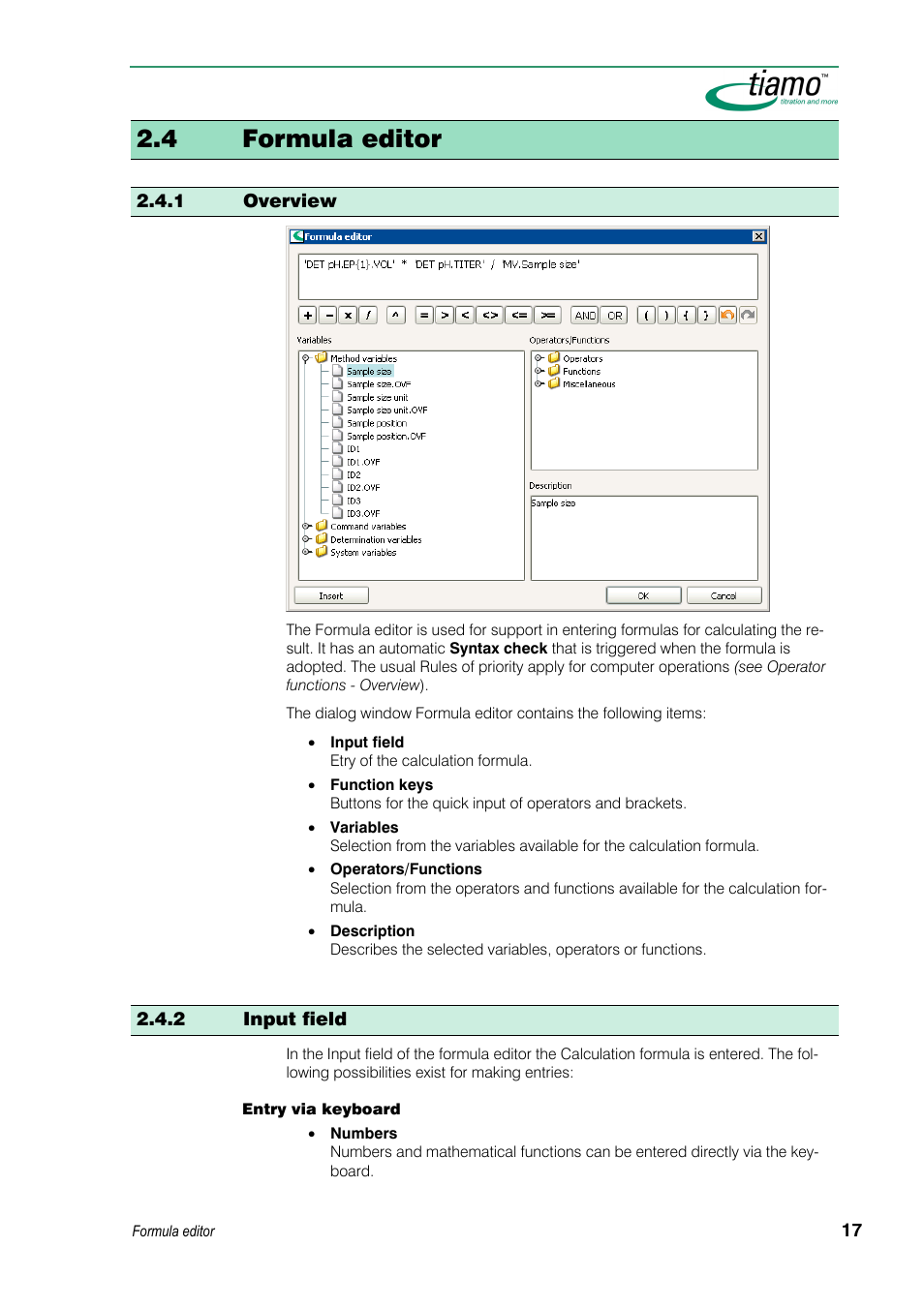 4 formula editor, 1 overview, 2 input field | Metrohm tiamo 1.3 Manual User Manual | Page 43 / 893