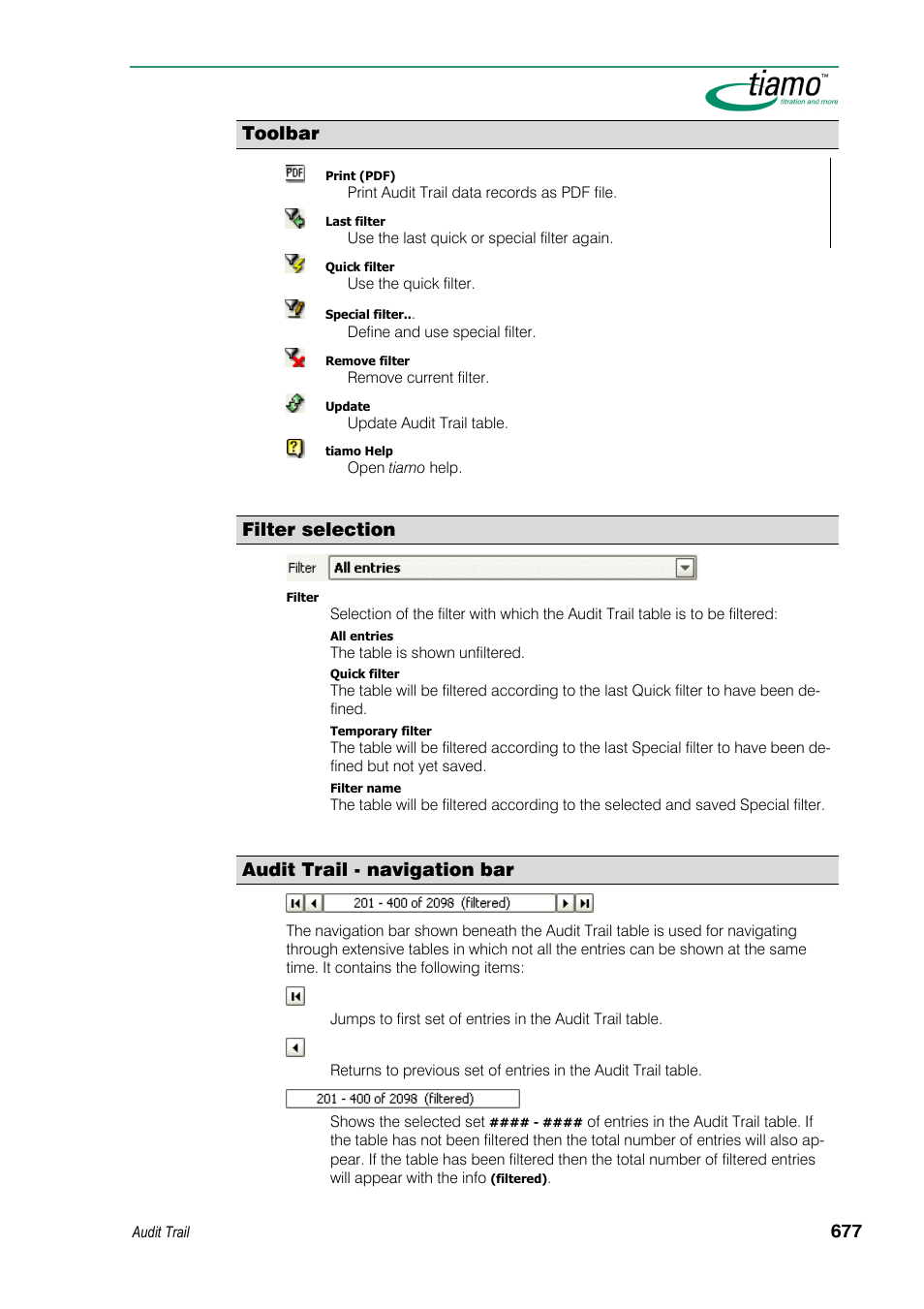 Toolbar, Filter selection, Audit trail - navigation bar | Metrohm tiamo 1.3 Manual User Manual | Page 703 / 893