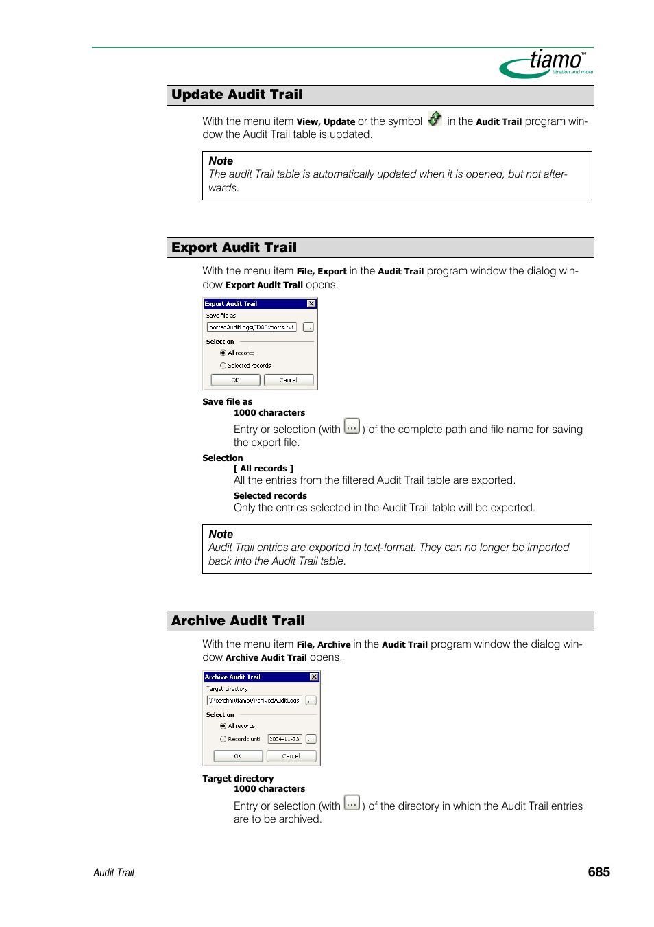 Update audit trail, Export audit trail, Archive audit trail | Metrohm tiamo 1.3 Manual User Manual | Page 711 / 893