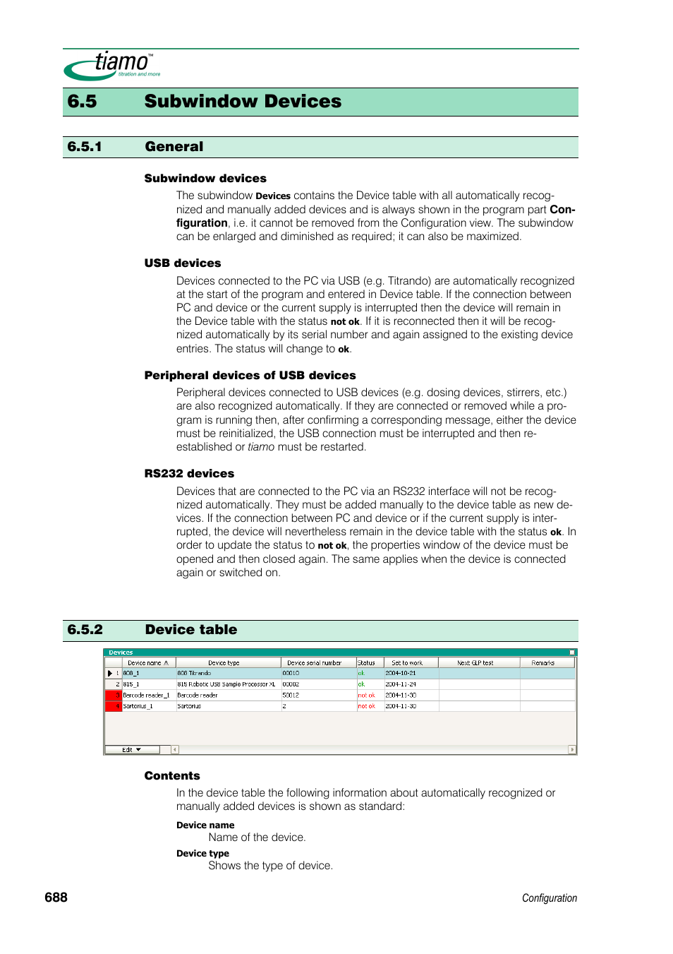 5 subwindow devices, 1 general, 2 device table | Metrohm tiamo 1.3 Manual User Manual | Page 714 / 893