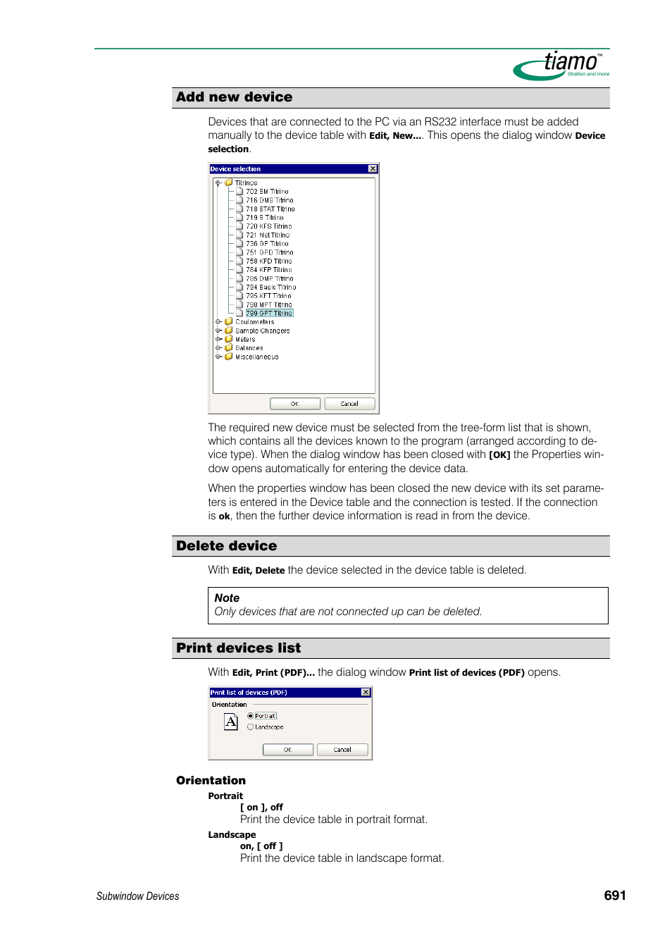 Add new device, Delete device, Print devices list | Metrohm tiamo 1.3 Manual User Manual | Page 717 / 893