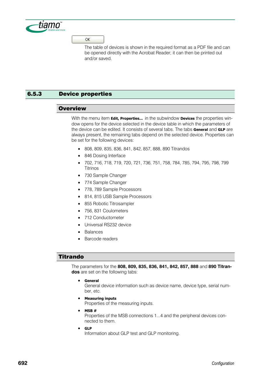 3 device properties, Overview, Titrando | Metrohm tiamo 1.3 Manual User Manual | Page 718 / 893