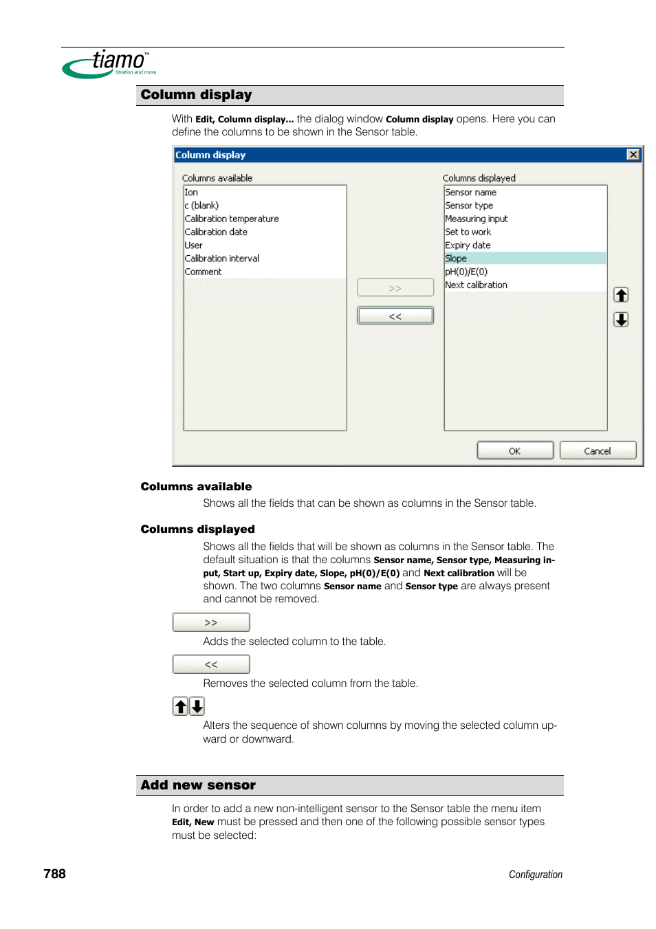 Column display, Add new sensor | Metrohm tiamo 1.3 Manual User Manual | Page 814 / 893